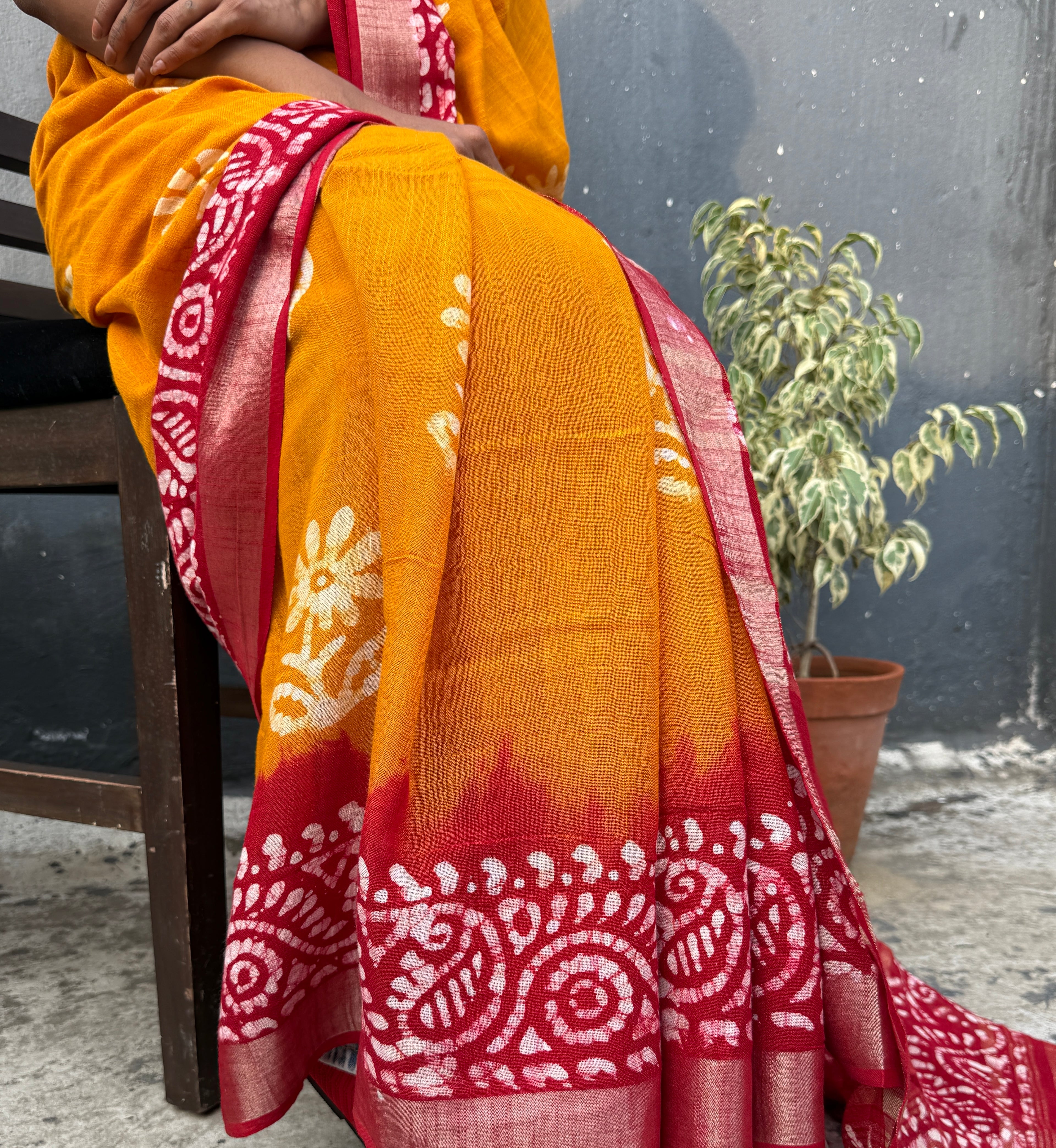 Yellow and Red Batik Cotton Sari