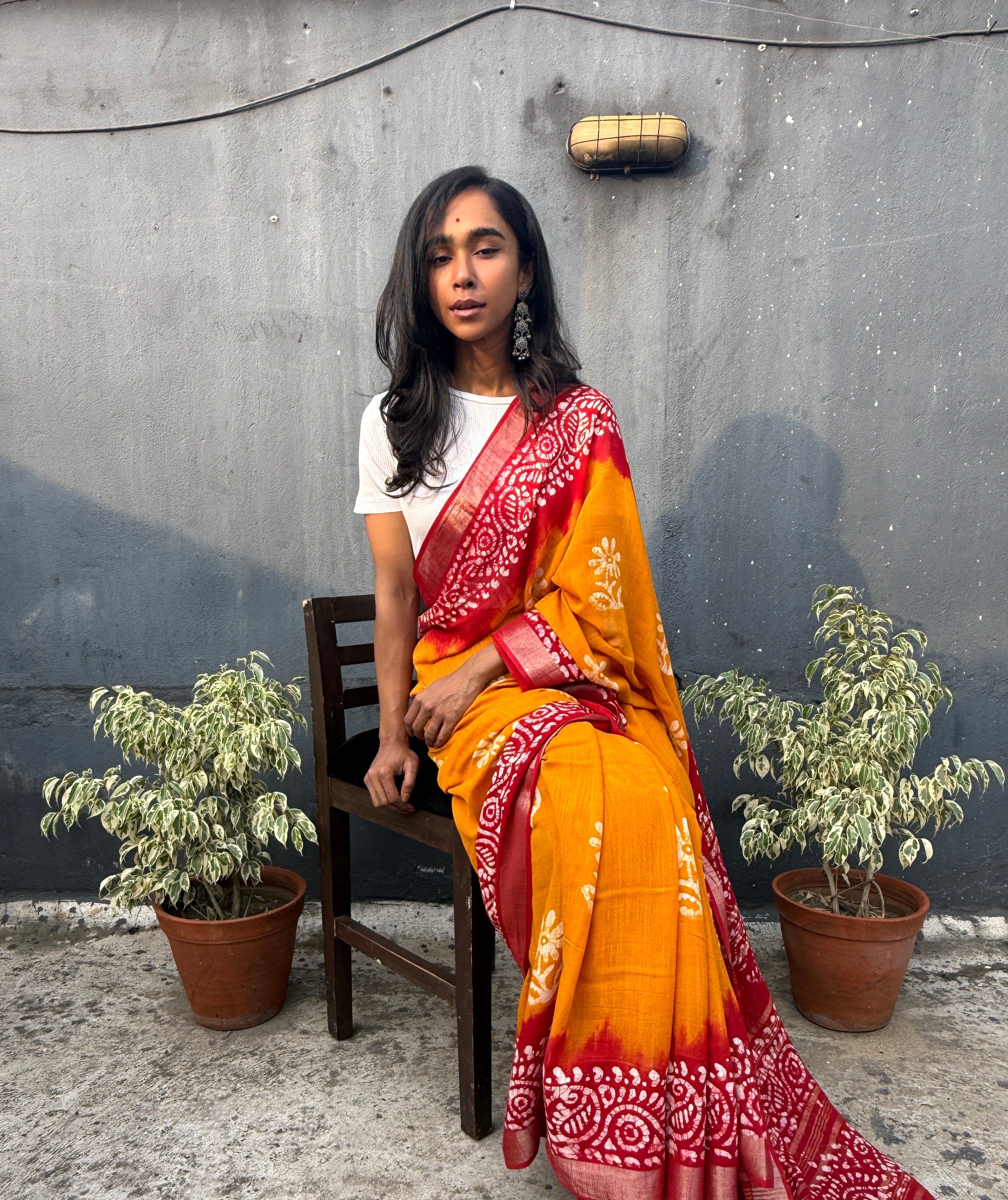 Yellow and Red Batik Cotton Sari