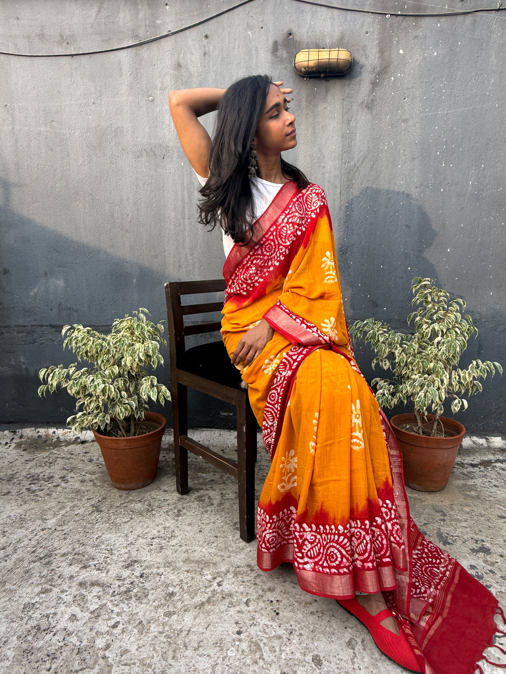 Yellow and Red Batik Cotton Sari