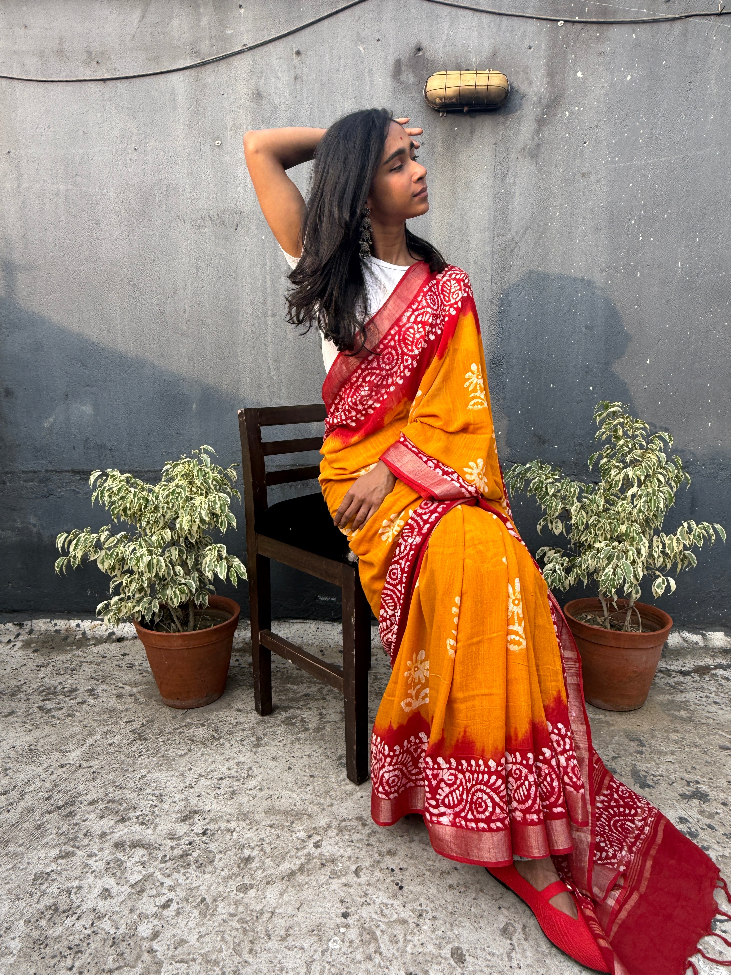 Yellow and Red Batik Cotton Sari