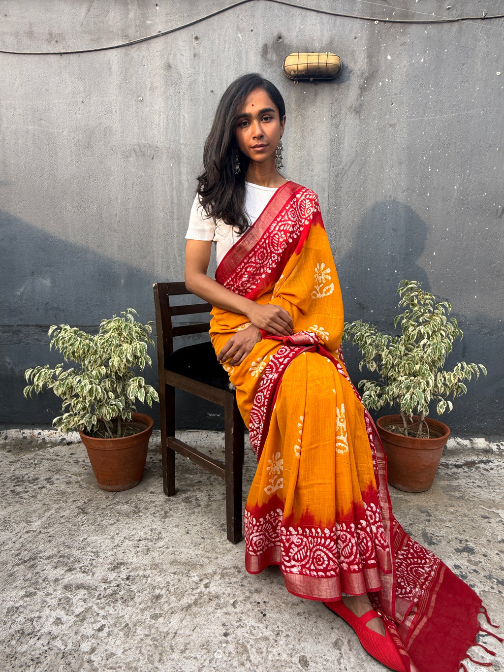 Yellow and Red Batik Cotton Sari