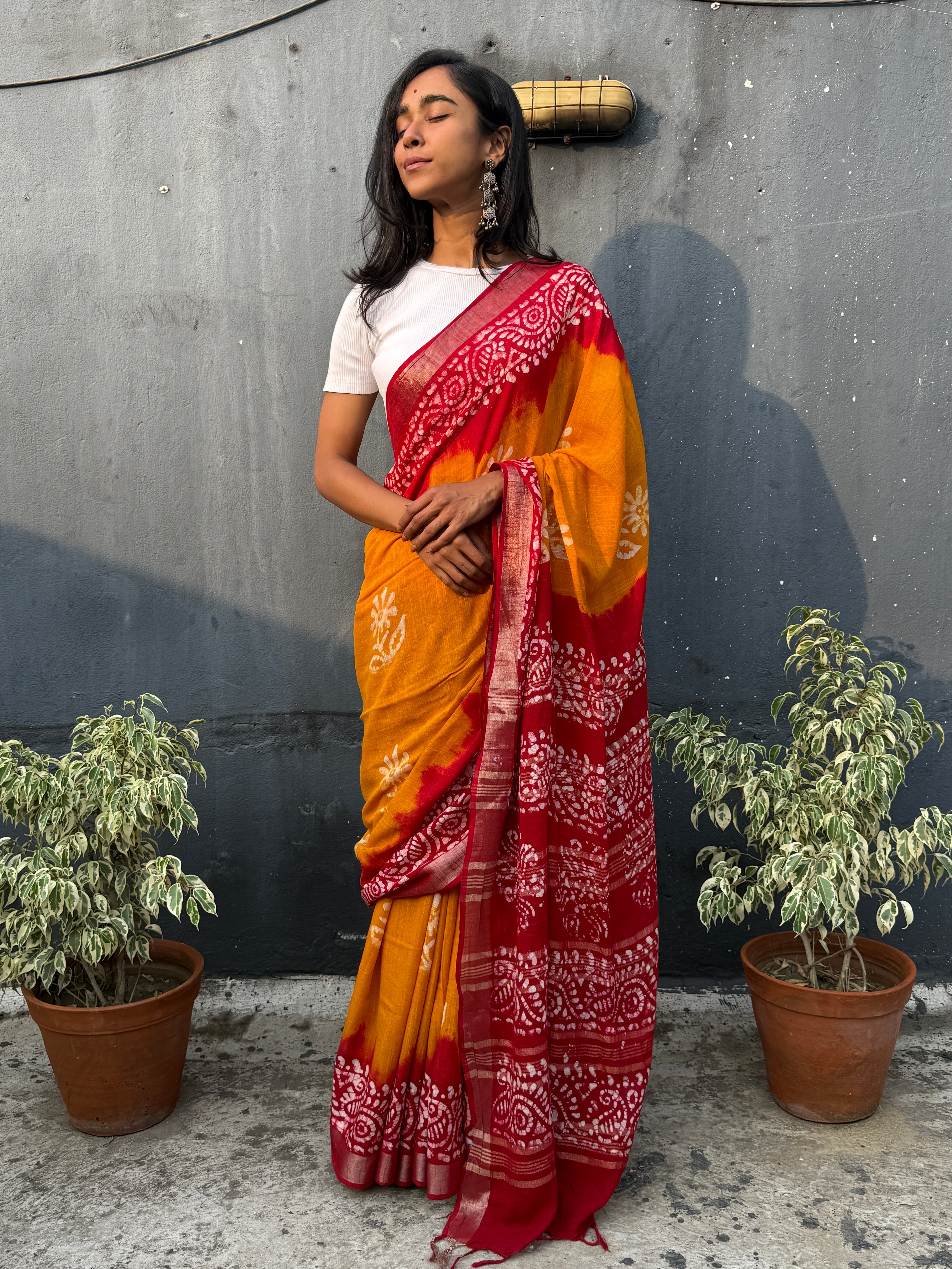 Yellow and Red Batik Cotton Sari