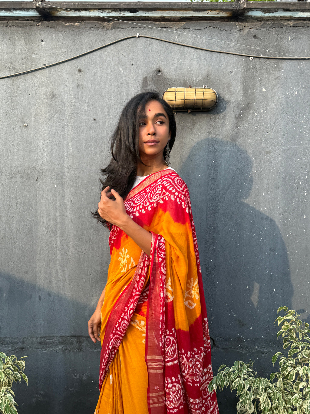 Yellow and Red Batik Cotton Sari