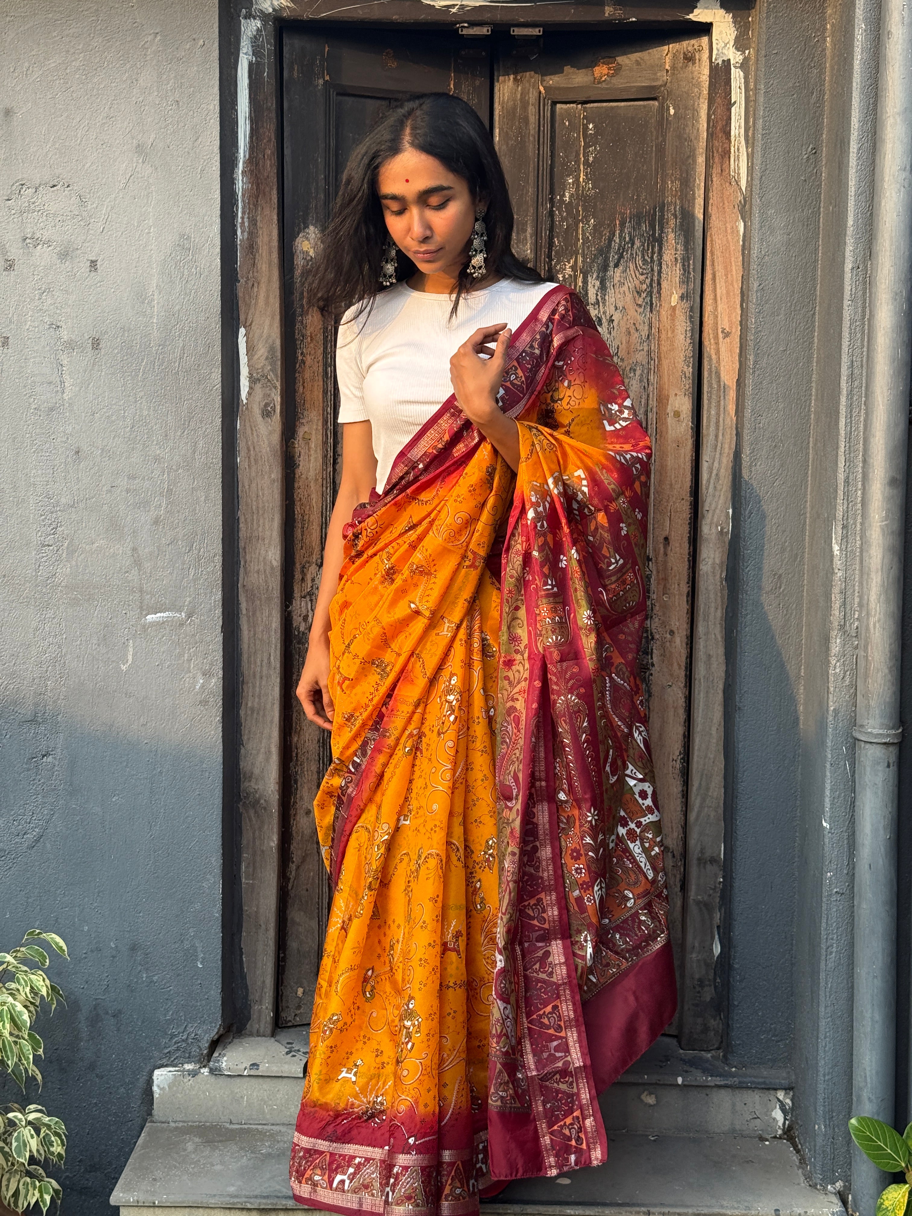 Mustard and Maroon Art Silk Sari