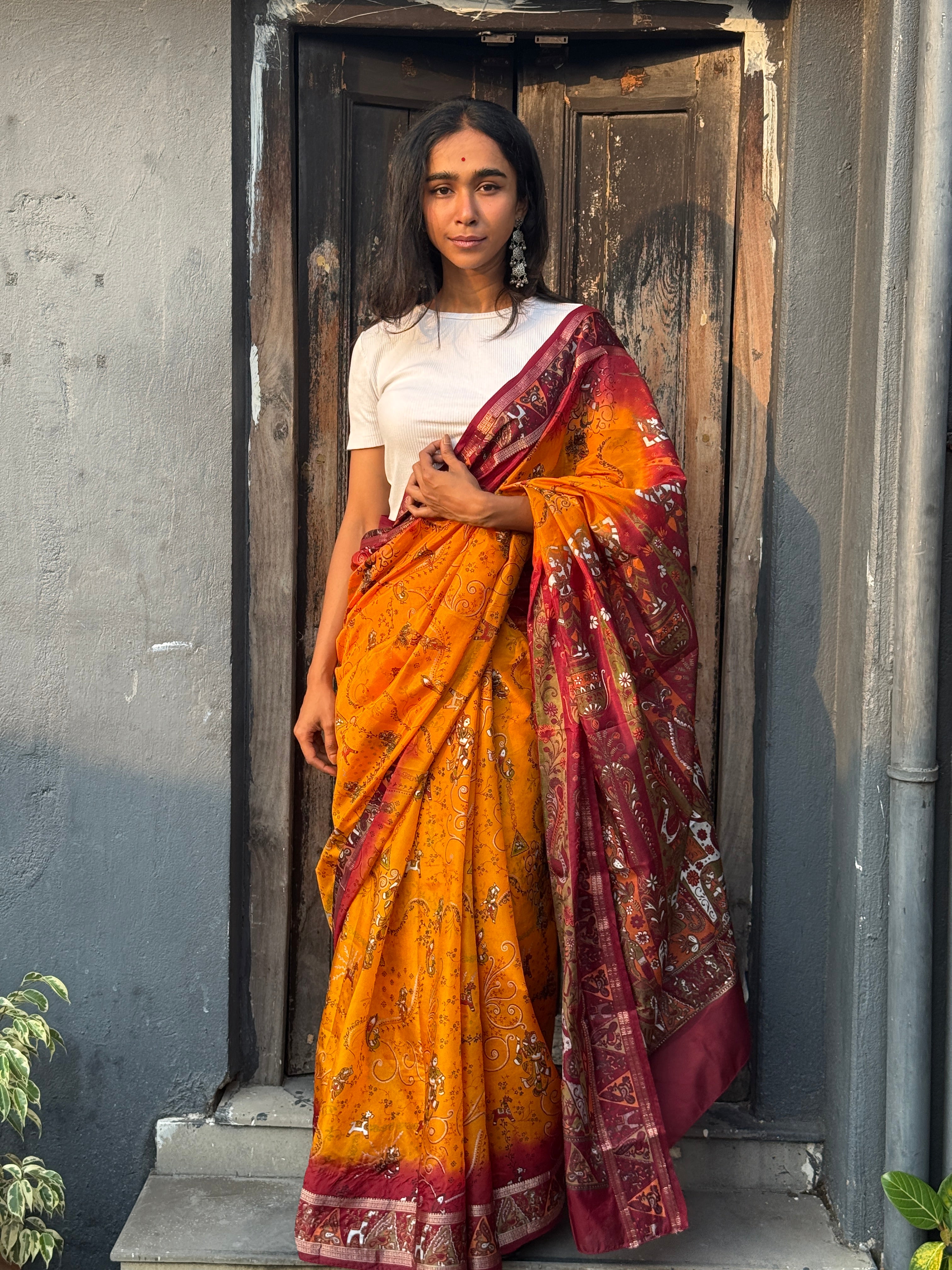Mustard and Maroon Art Silk Sari