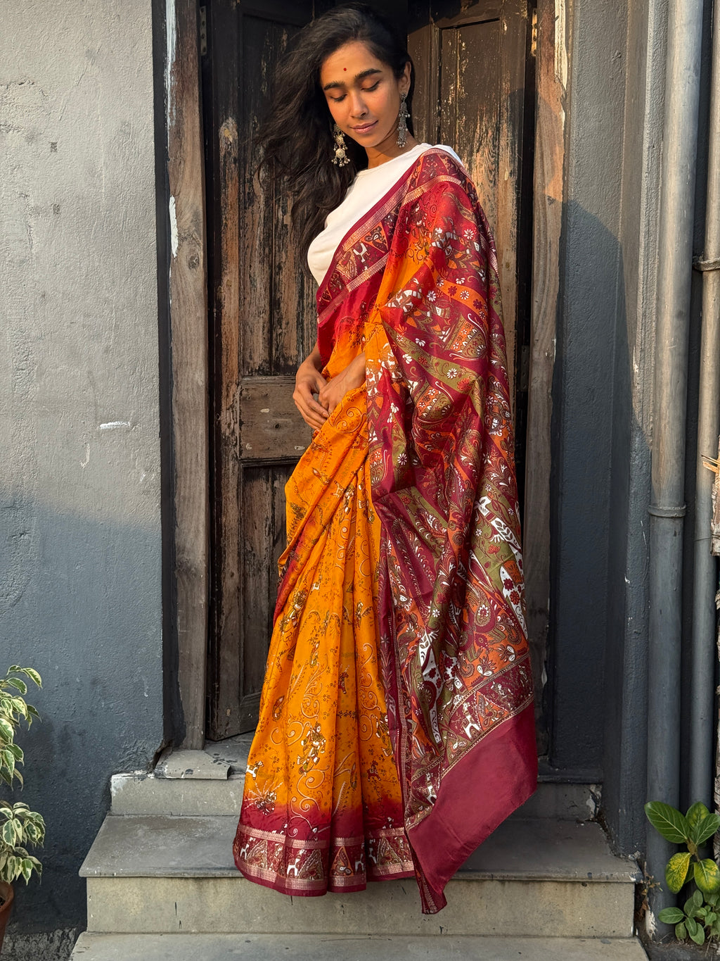 Mustard and Maroon Art Silk Sari