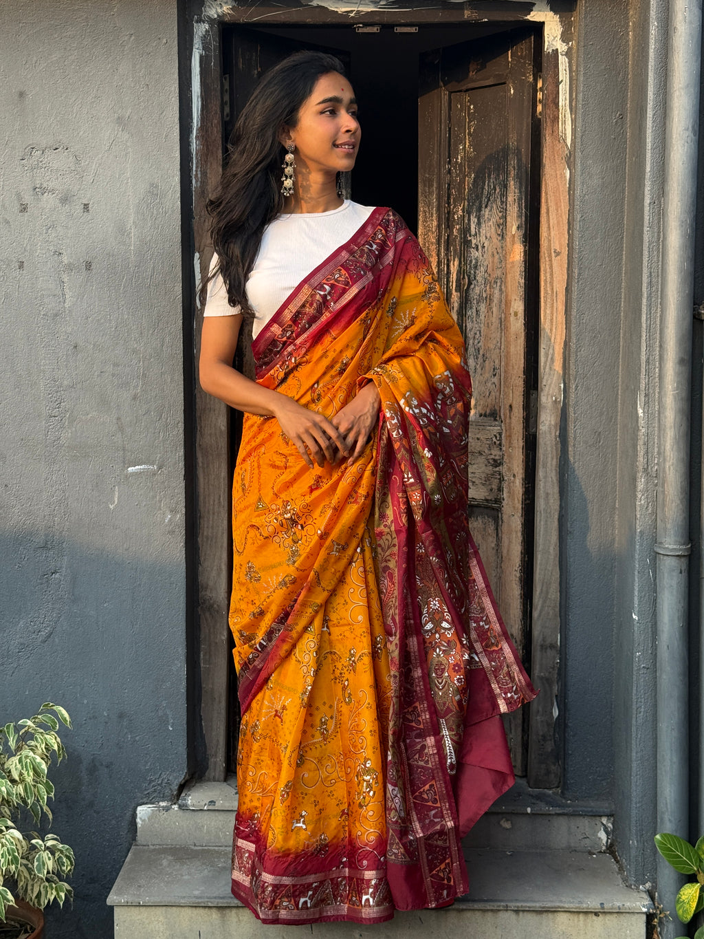 Mustard and Maroon Art Silk Sari