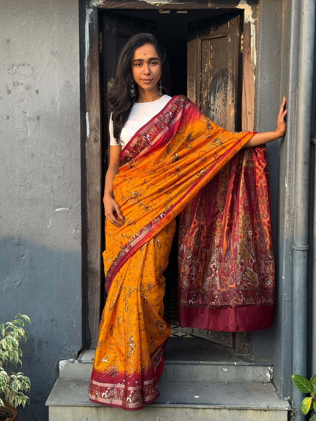 Mustard and Maroon Art Silk Sari