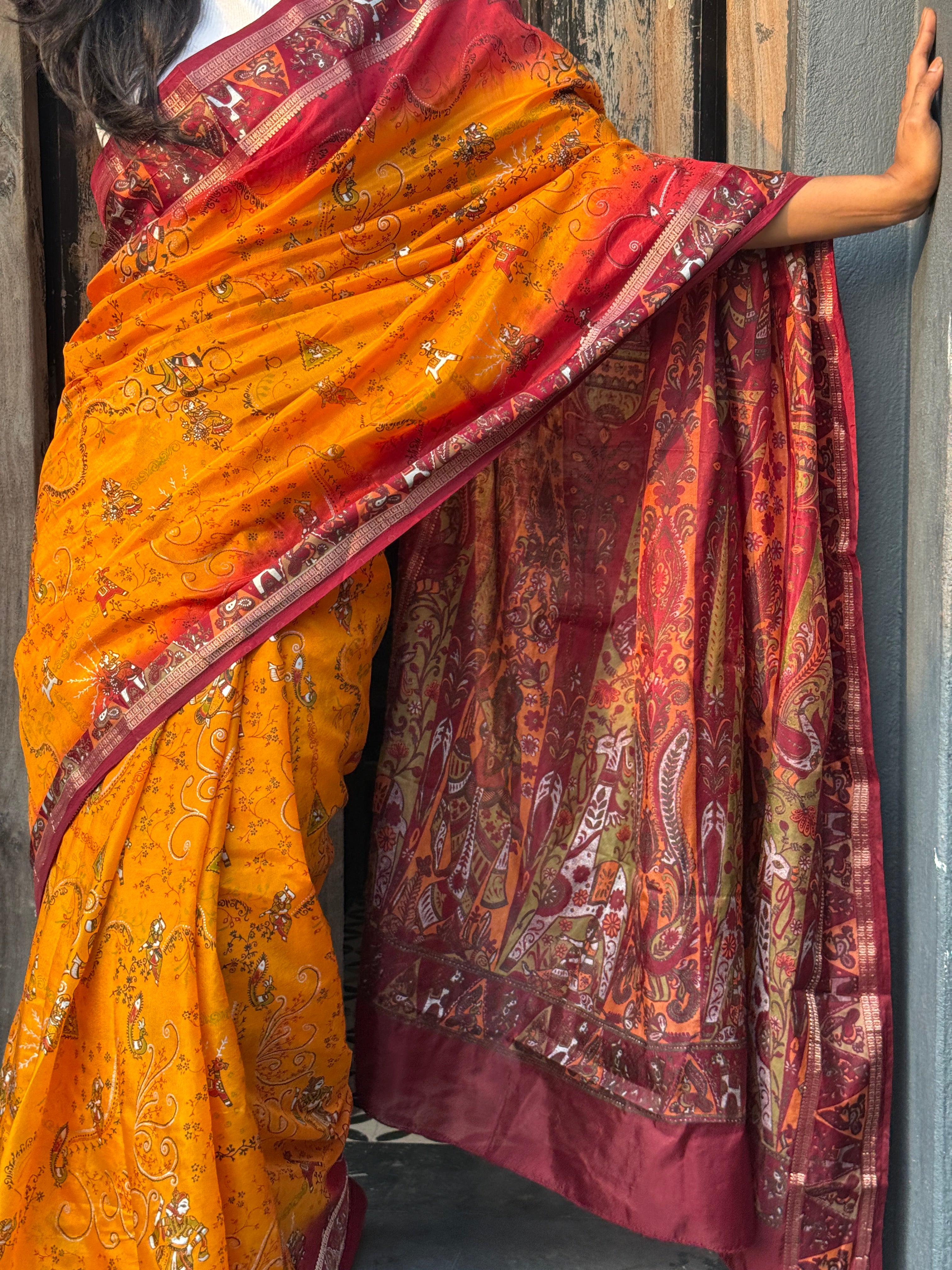 Mustard and Maroon Art Silk Sari