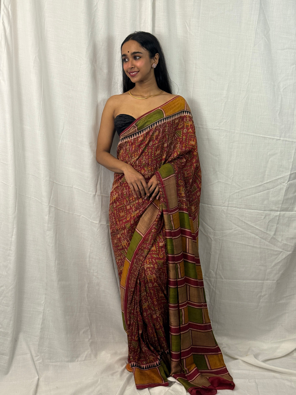 Maroon, Green and Yellow Printed Silk Sari