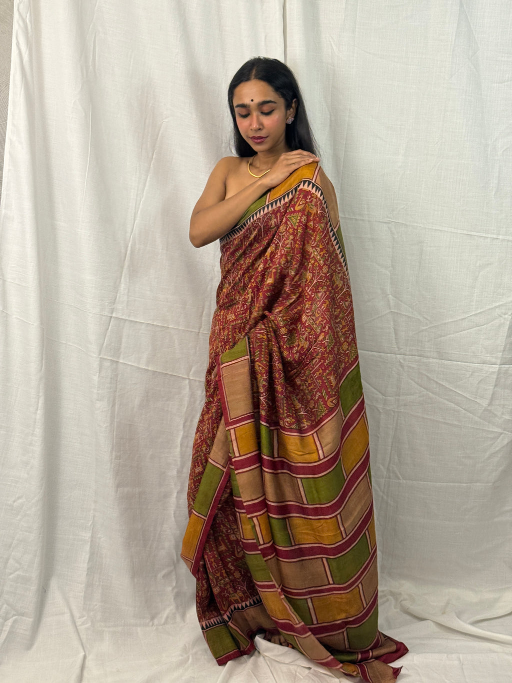 Maroon, Green and Yellow Printed Silk Sari