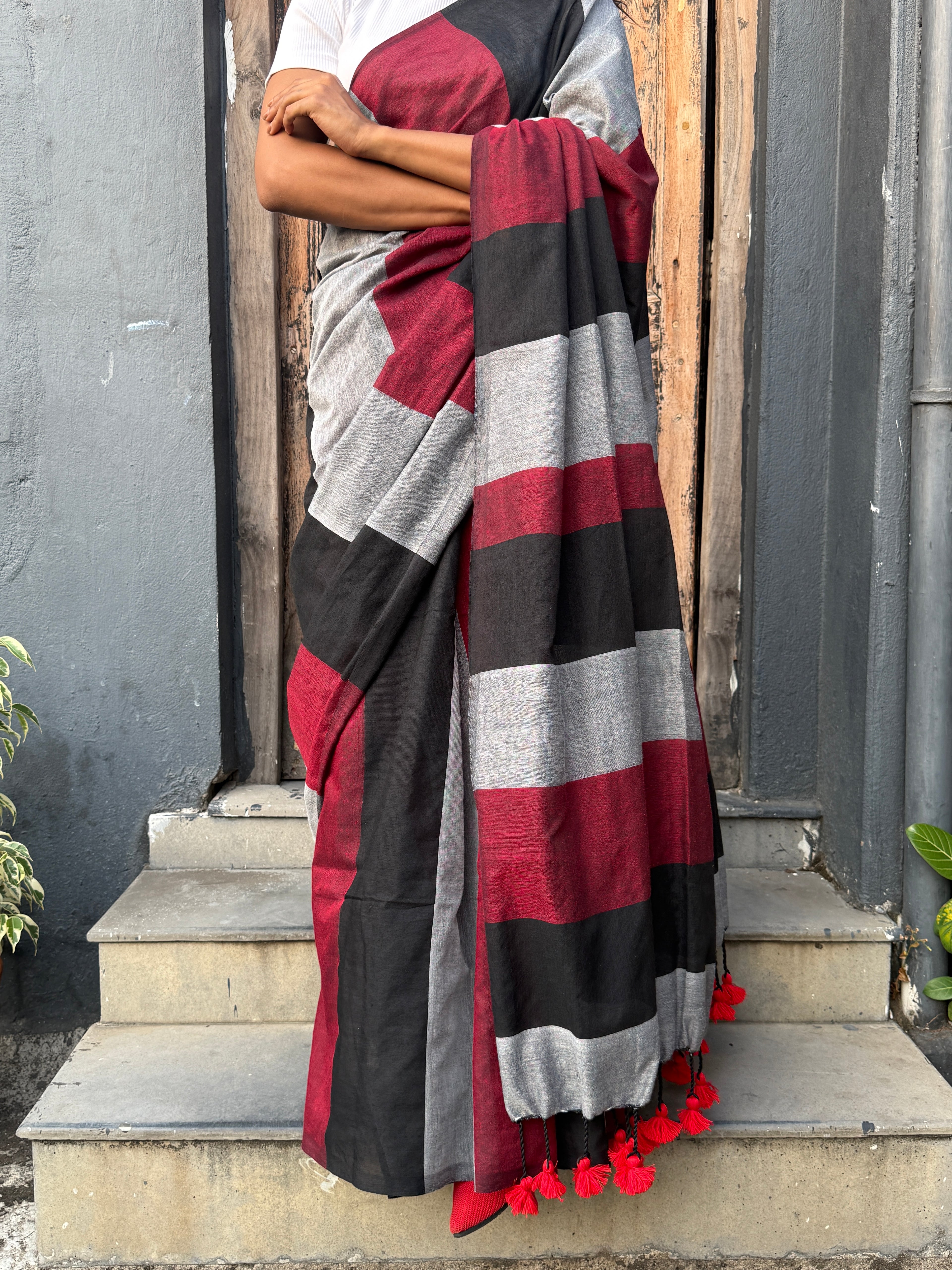 Black, Maroon and Grey Cotton Sari