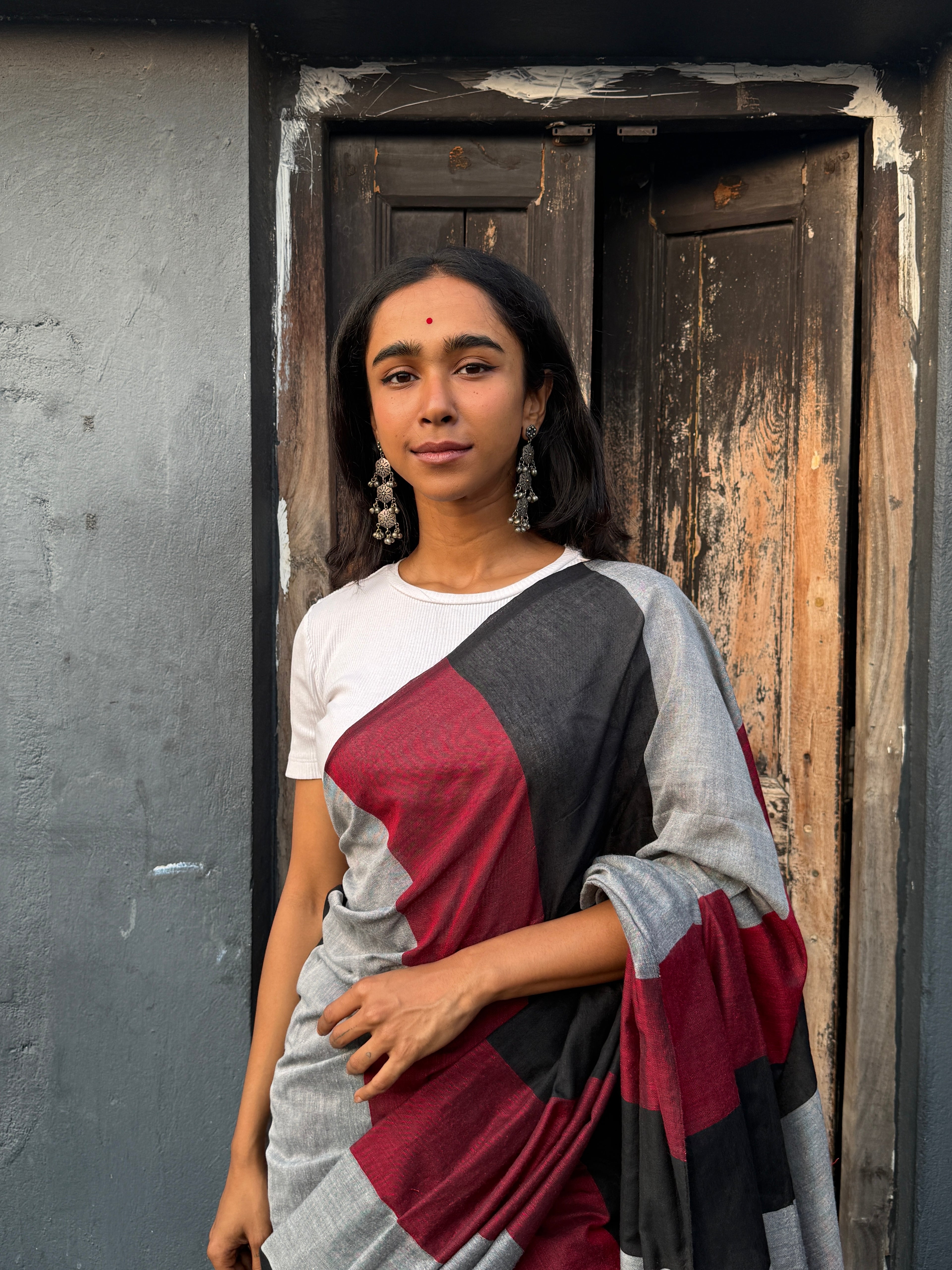Black, Maroon and Grey Cotton Sari