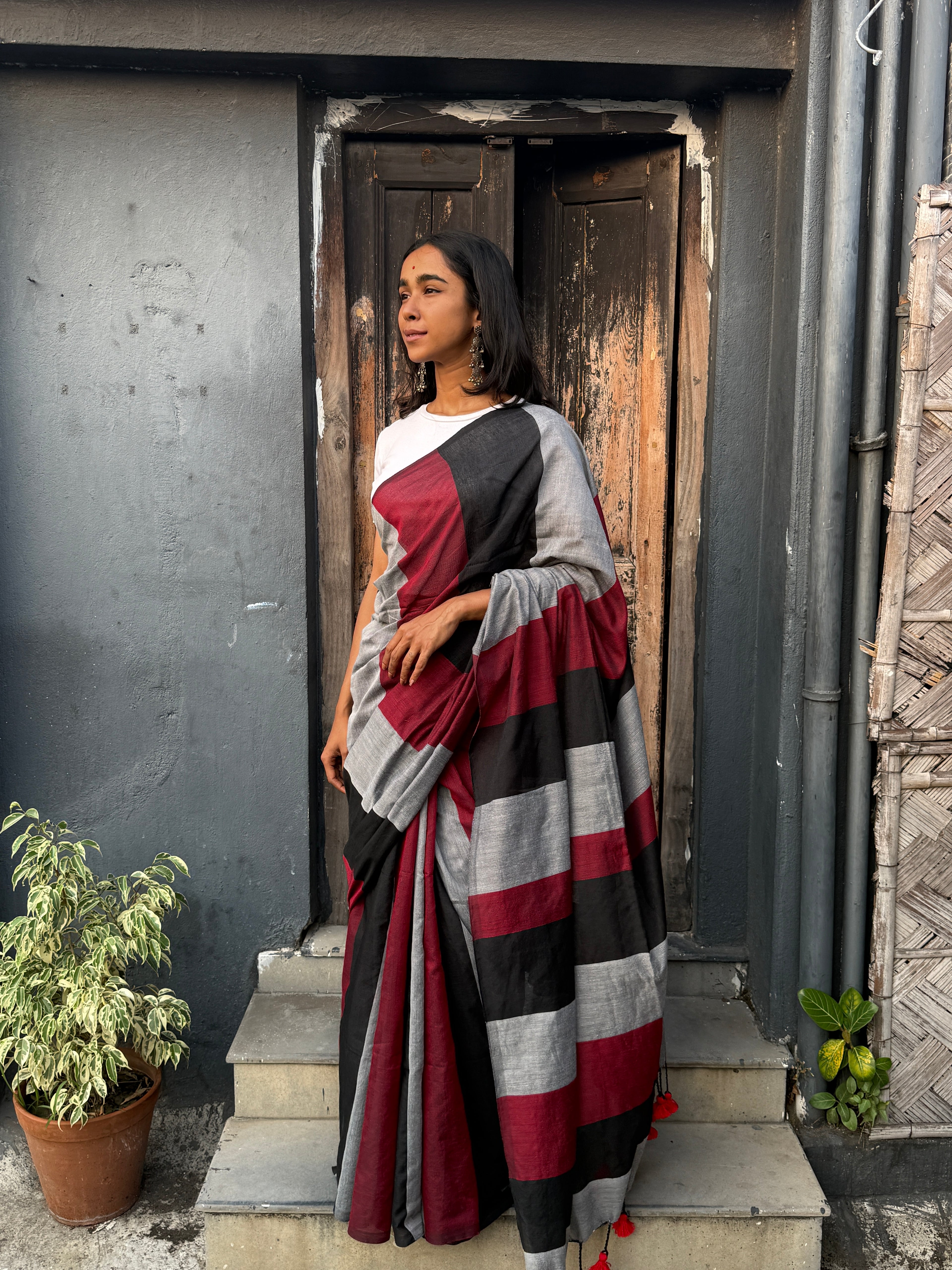 Black, Maroon and Grey Cotton Sari
