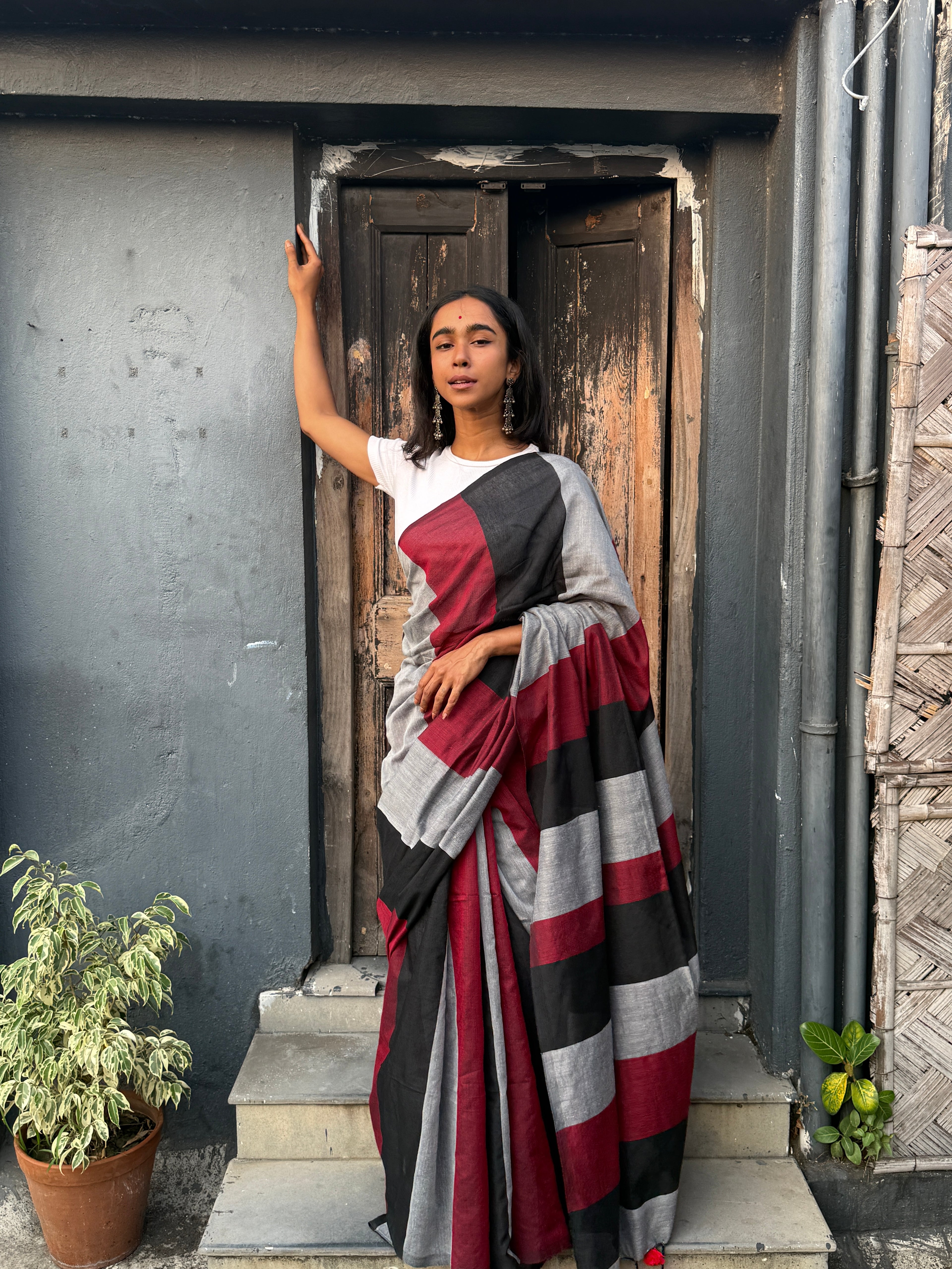 Black, Maroon and Grey Cotton Sari
