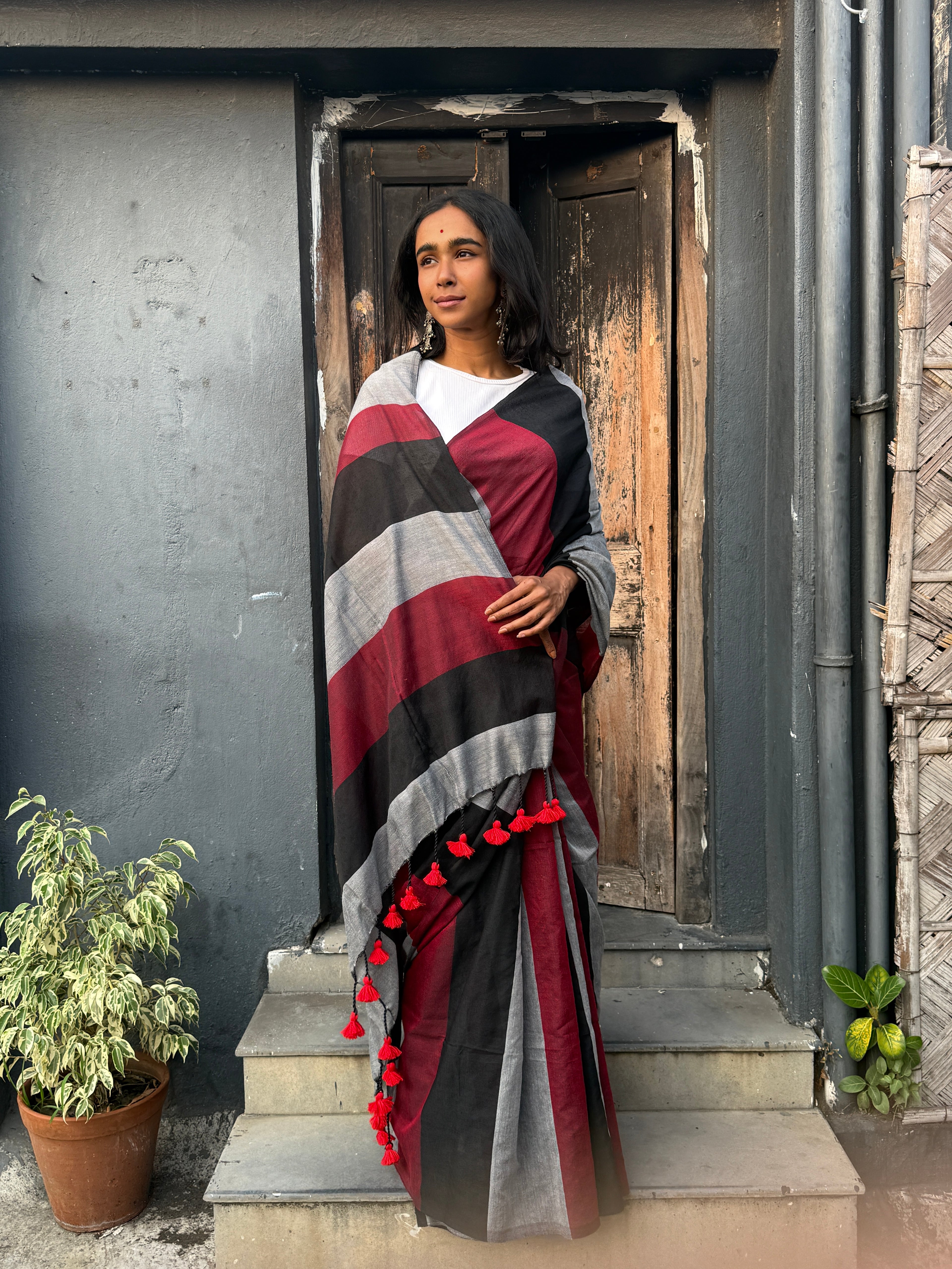 Black, Maroon and Grey Cotton Sari