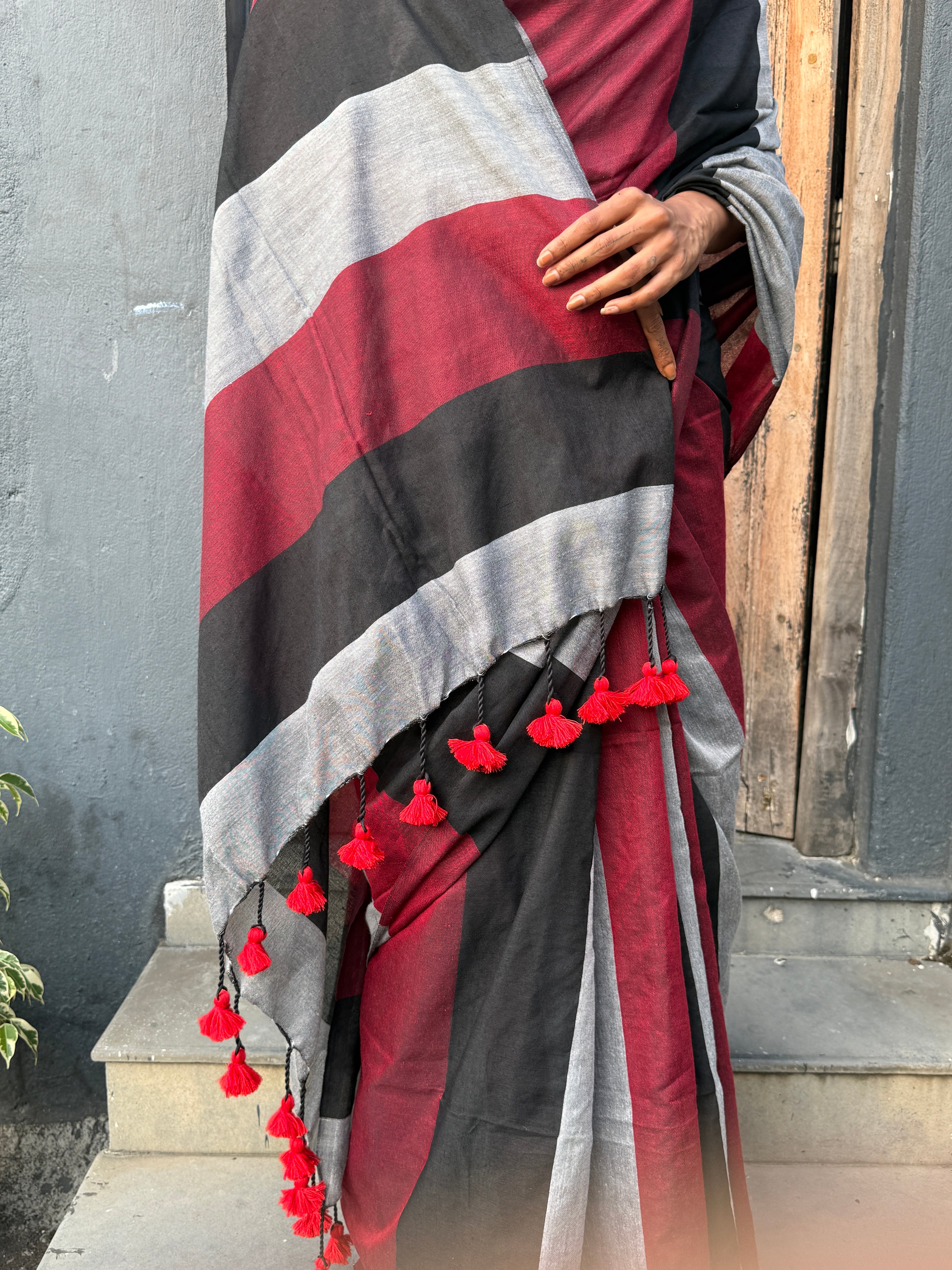 Black, Maroon and Grey Cotton Sari