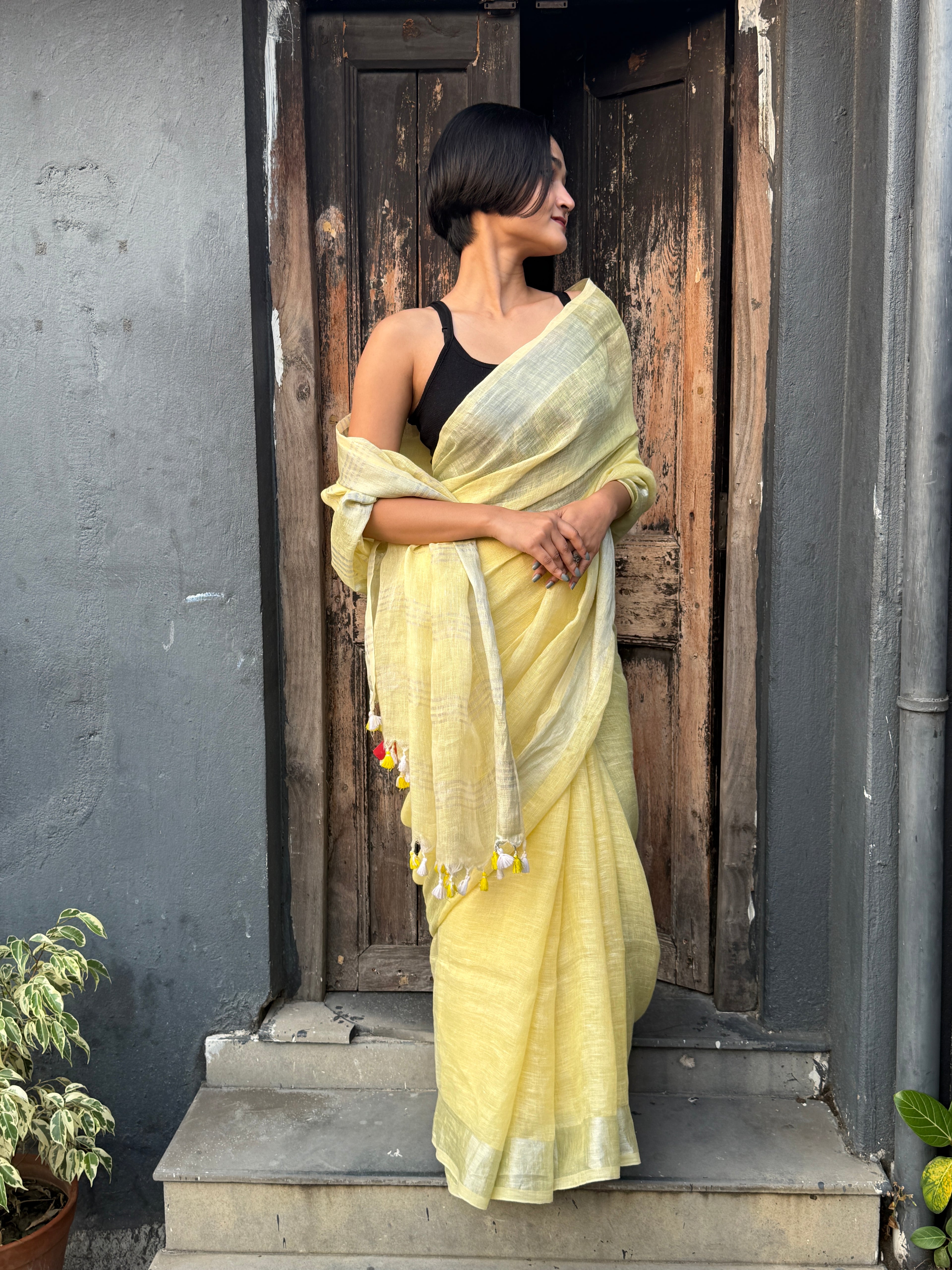 Lemon Yellow Linen Sari