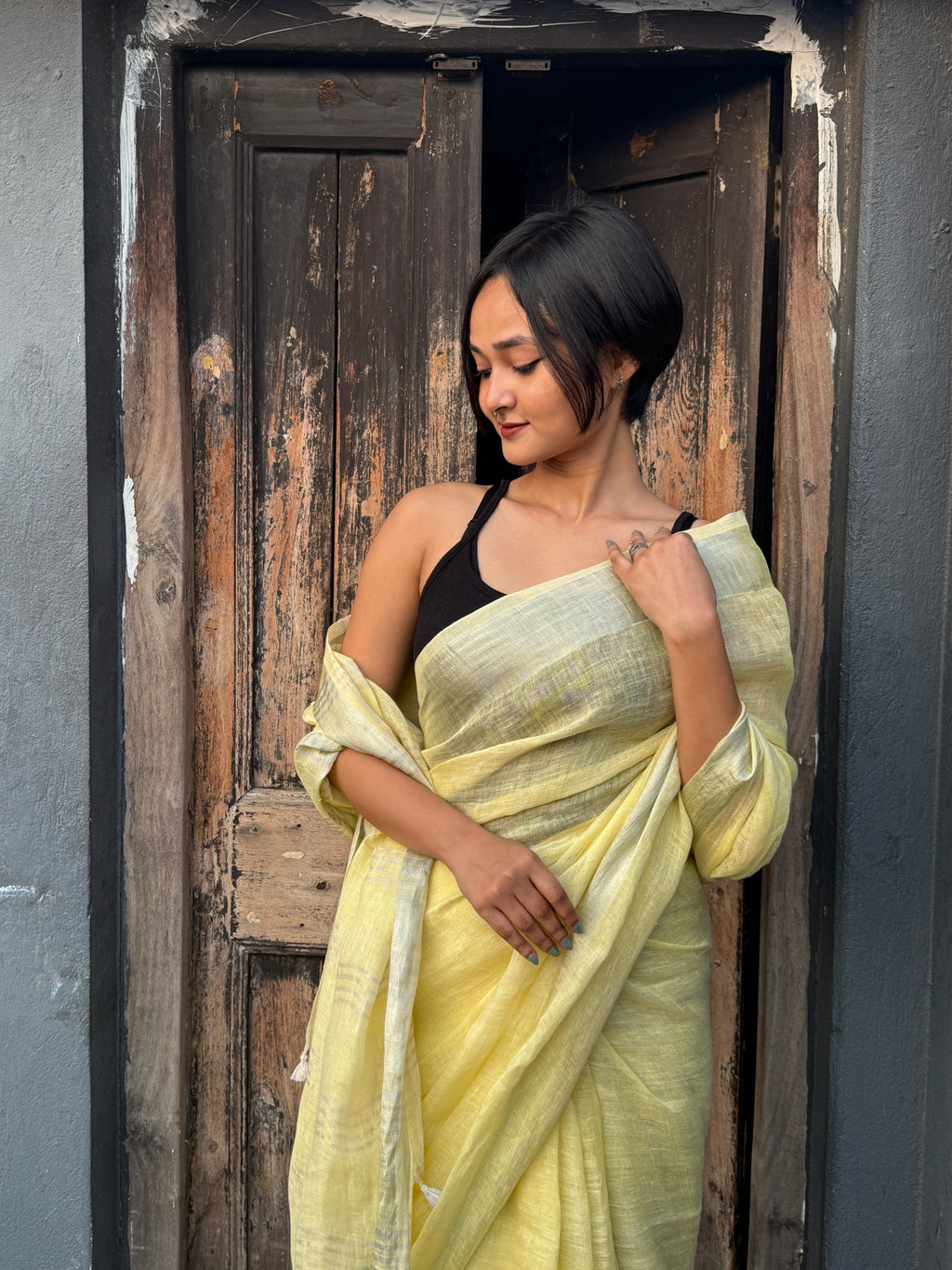 Lemon Yellow Linen Sari