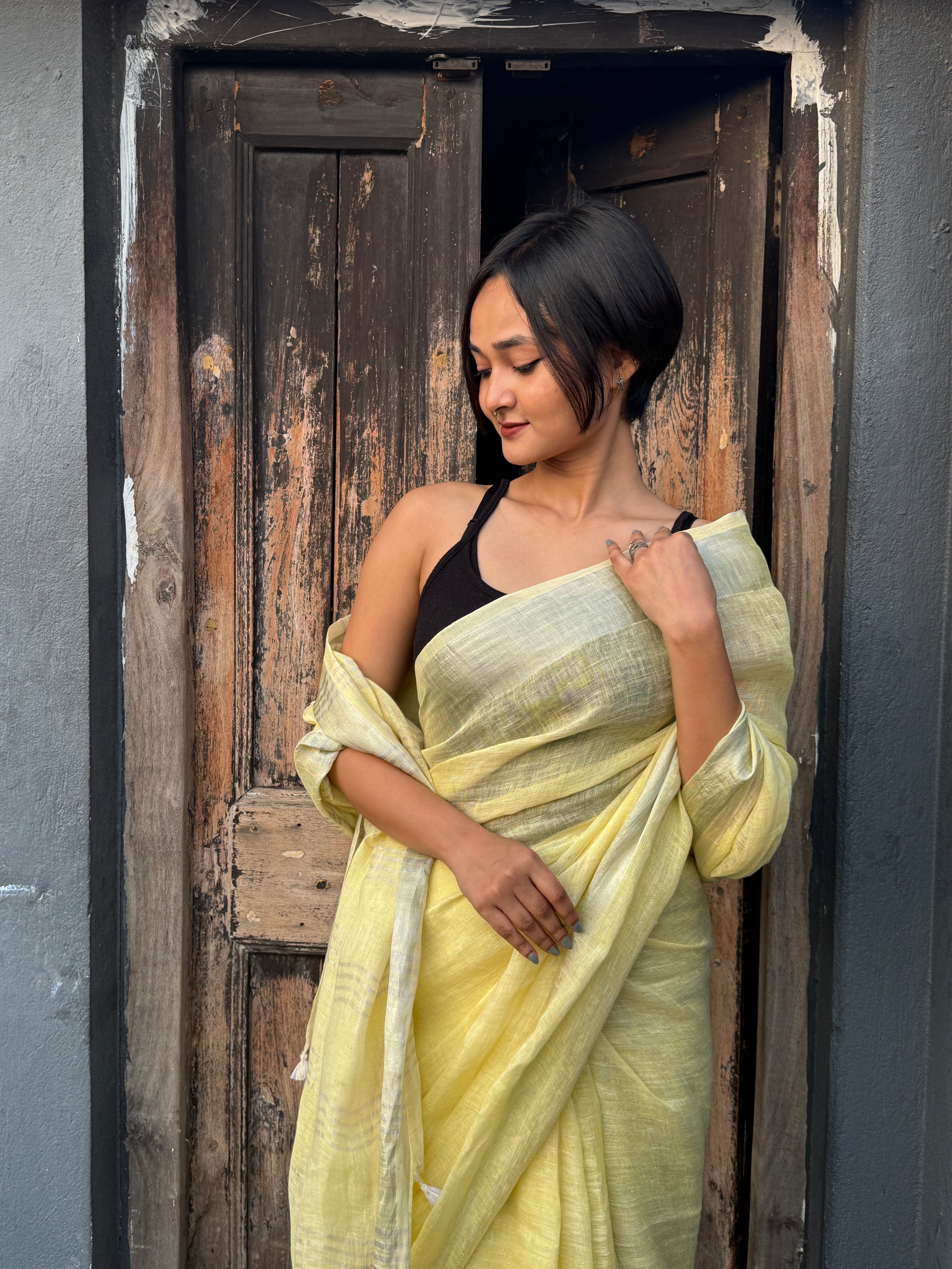 Lemon Yellow Linen Sari