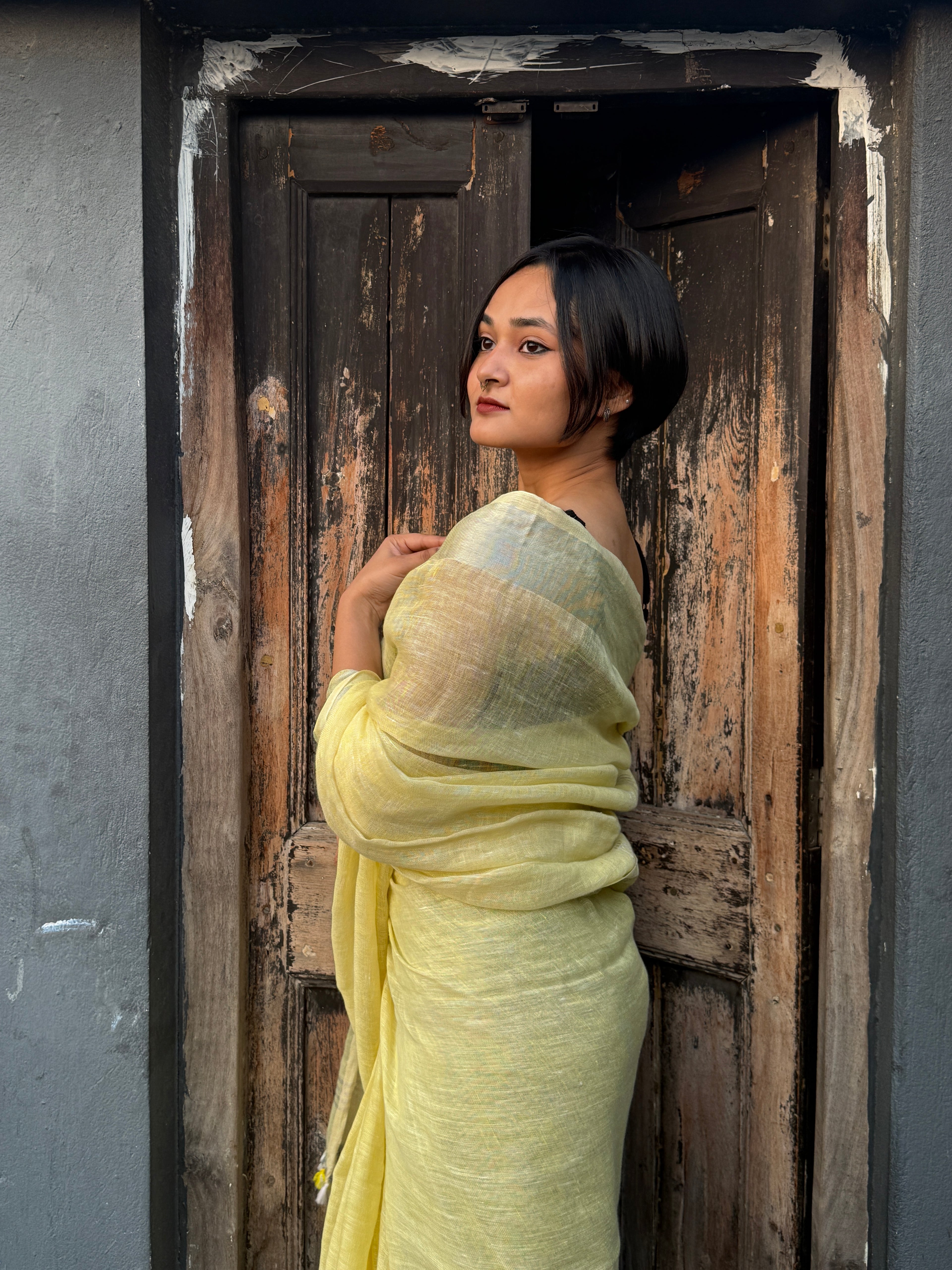 Lemon Yellow Linen Sari
