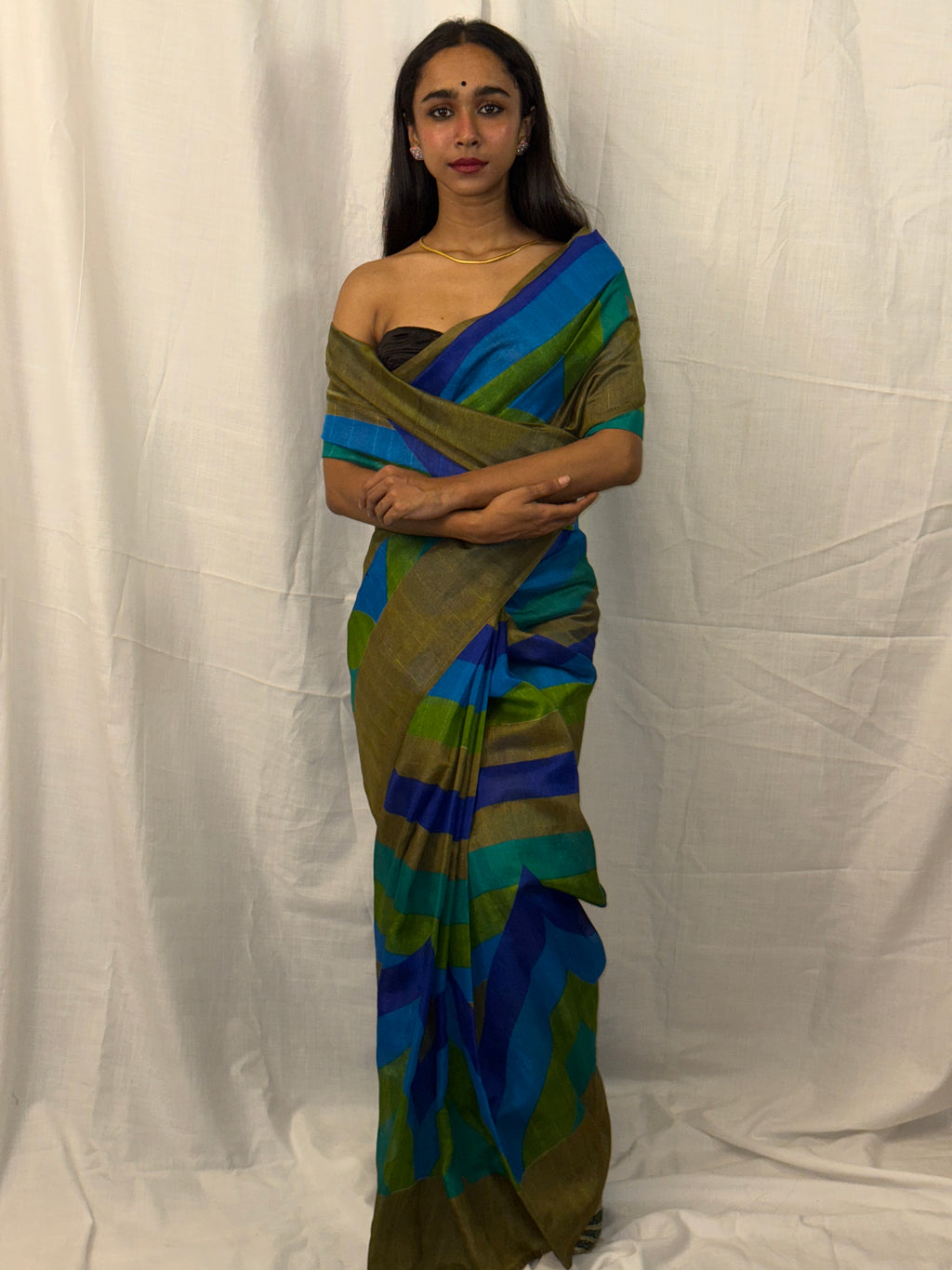 Blue, Beige and Green Striped Art Silk Sari