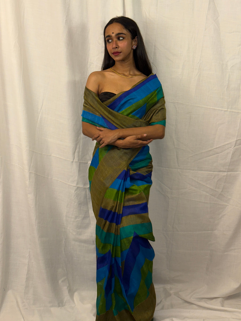 Blue, Beige and Green Striped Art Silk Sari