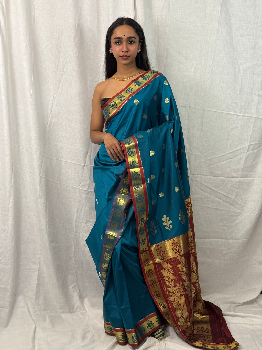 Blue and Maroon Silk Sari with Golden Border