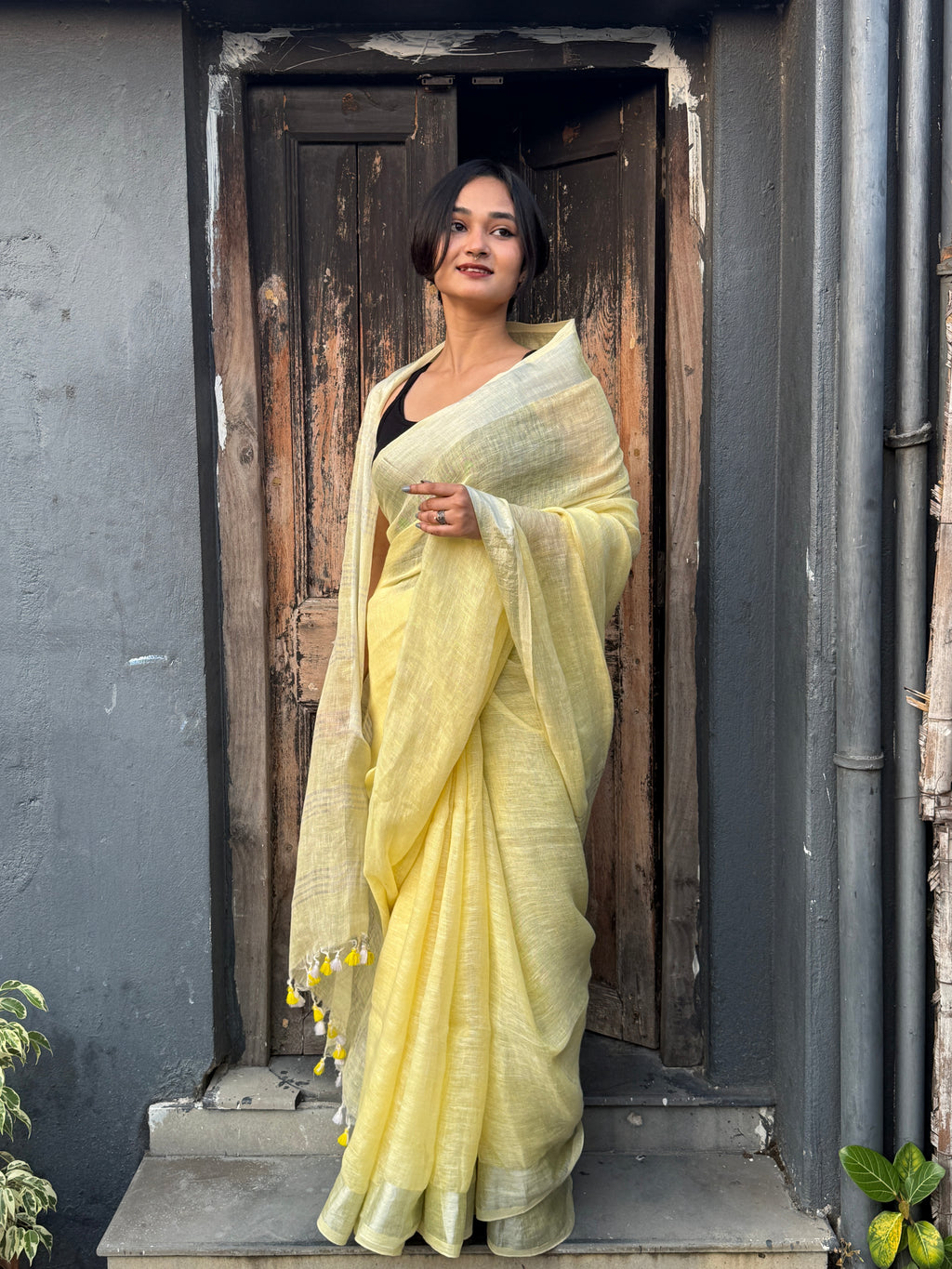 Lemon Yellow Linen Sari