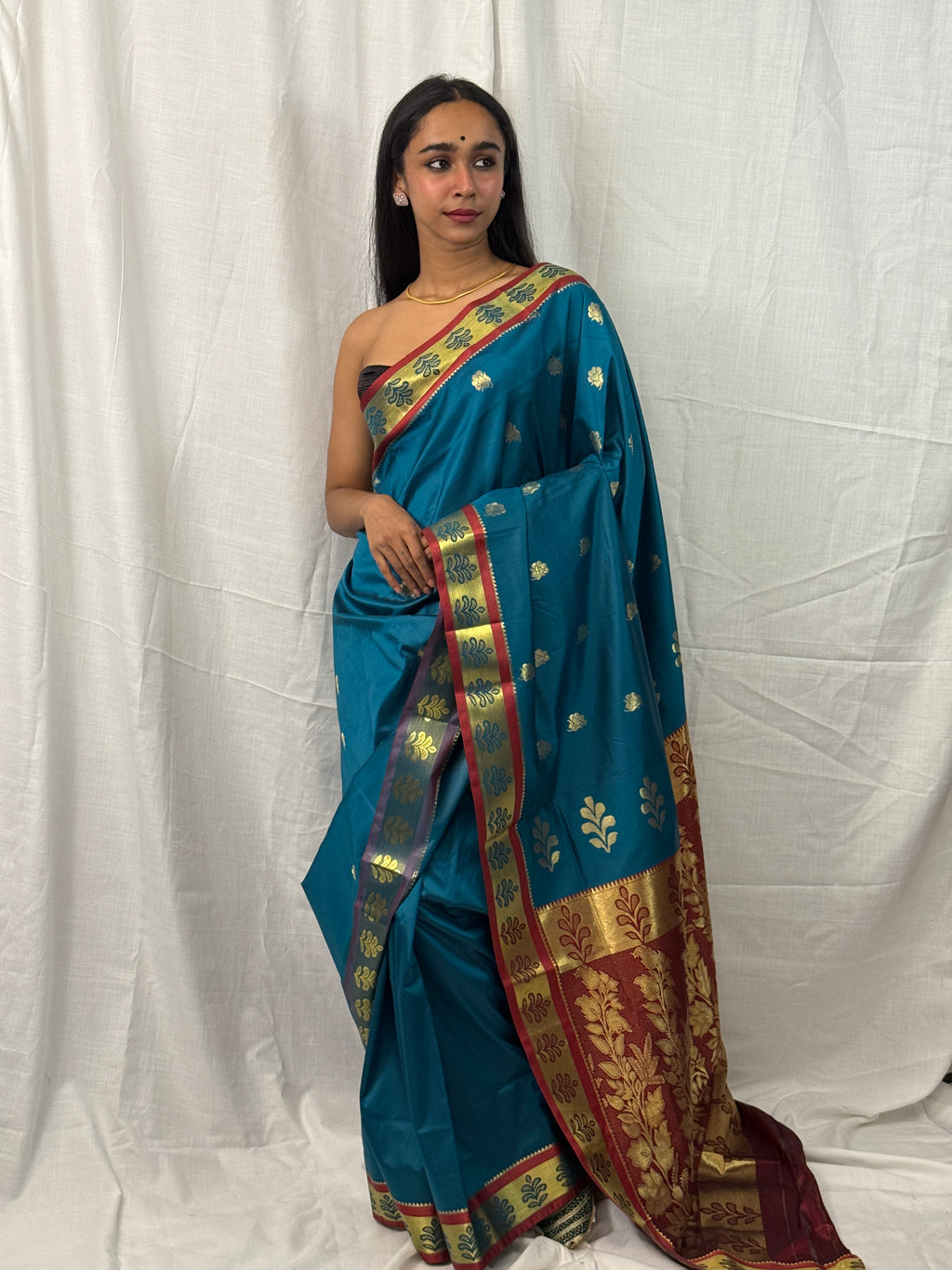 Blue and Maroon Silk Sari with Golden Border