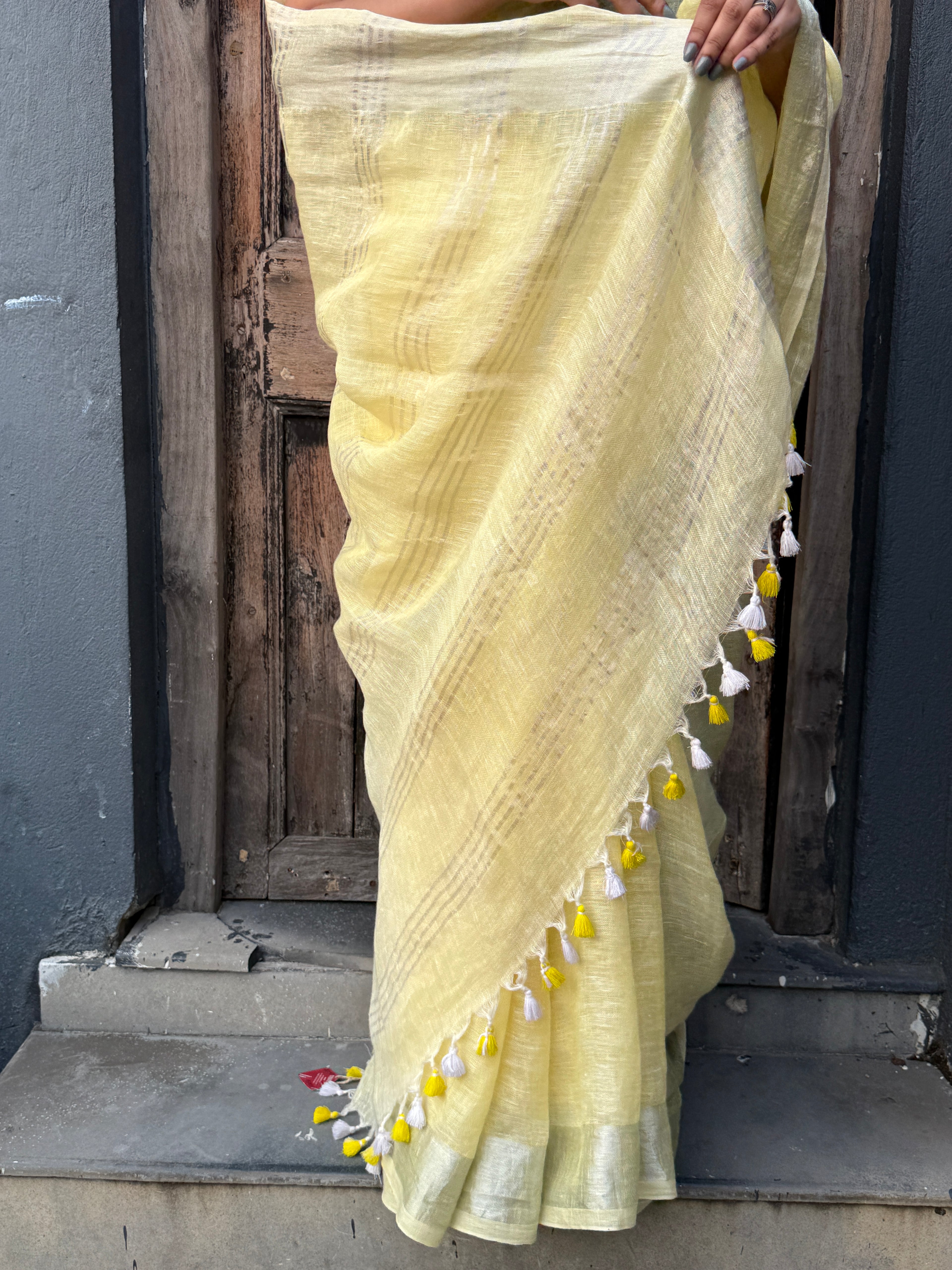 Lemon Yellow Linen Sari