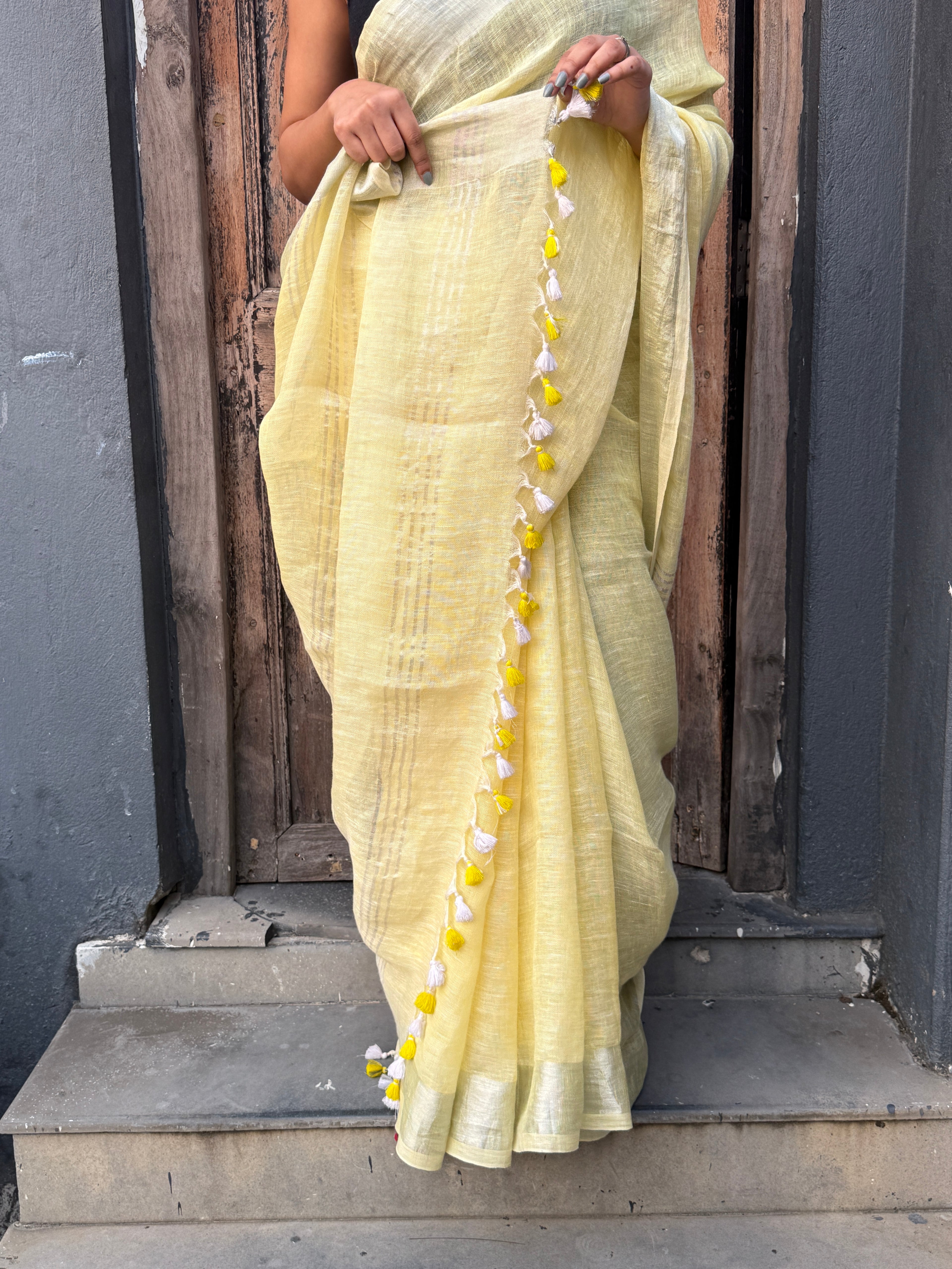 Lemon Yellow Linen Sari