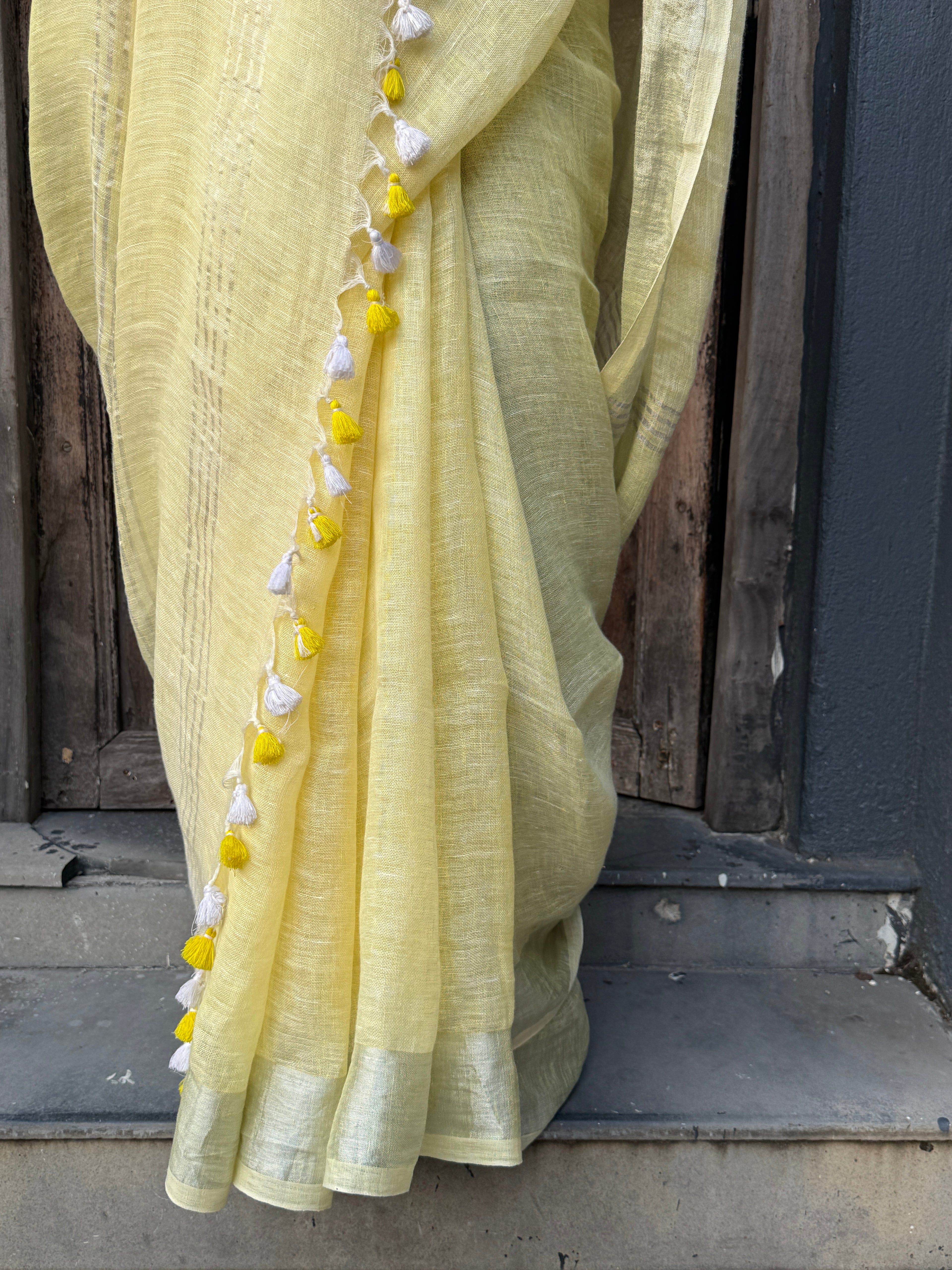 Lemon Yellow Linen Sari