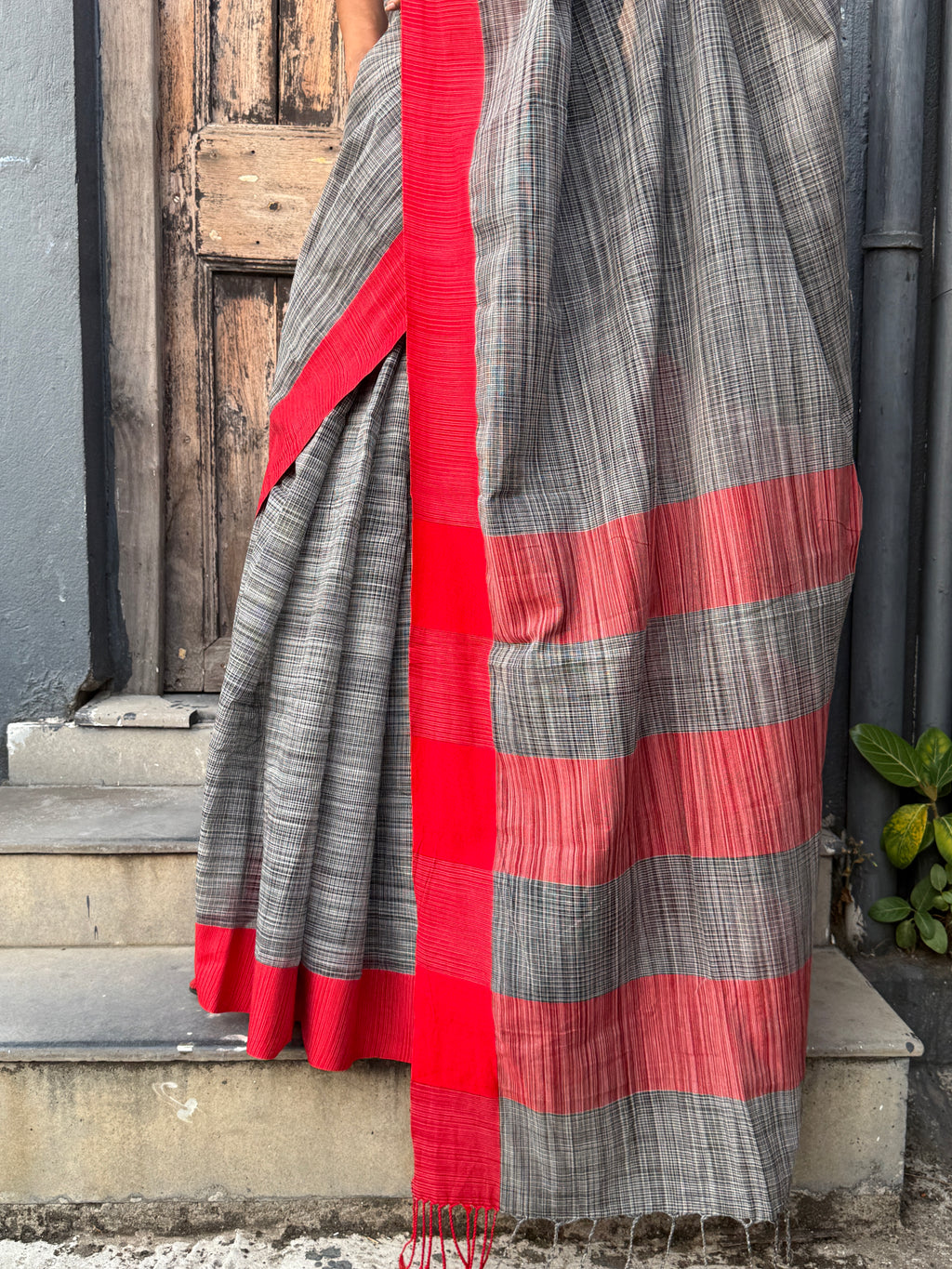 Black and Red Bangladesh Cotton Handloom Sari