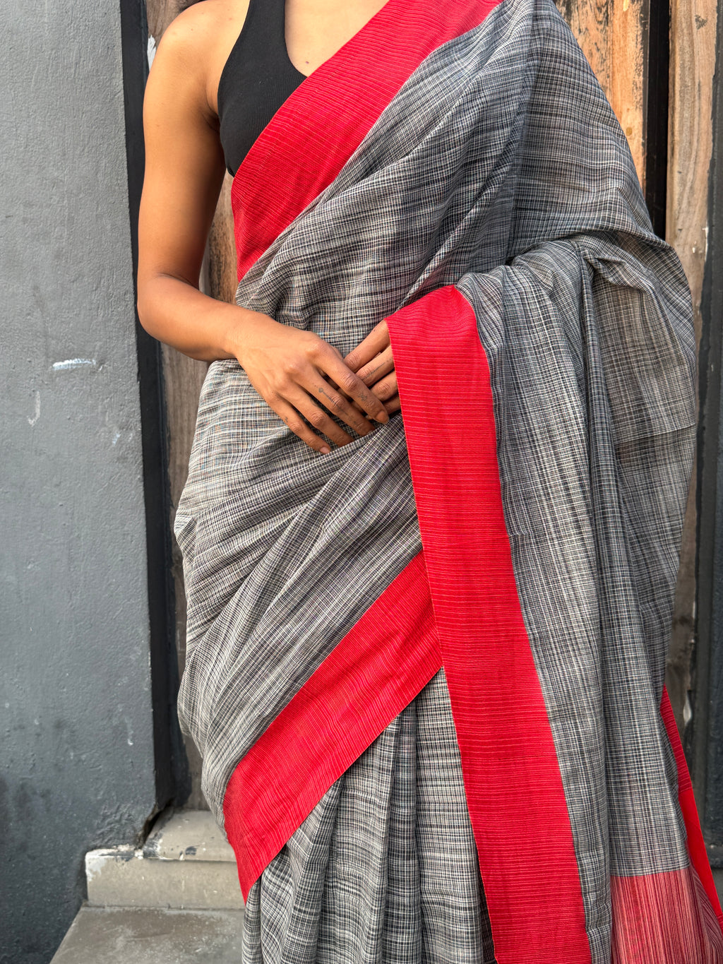 Black and Red Bangladesh Cotton Handloom Sari