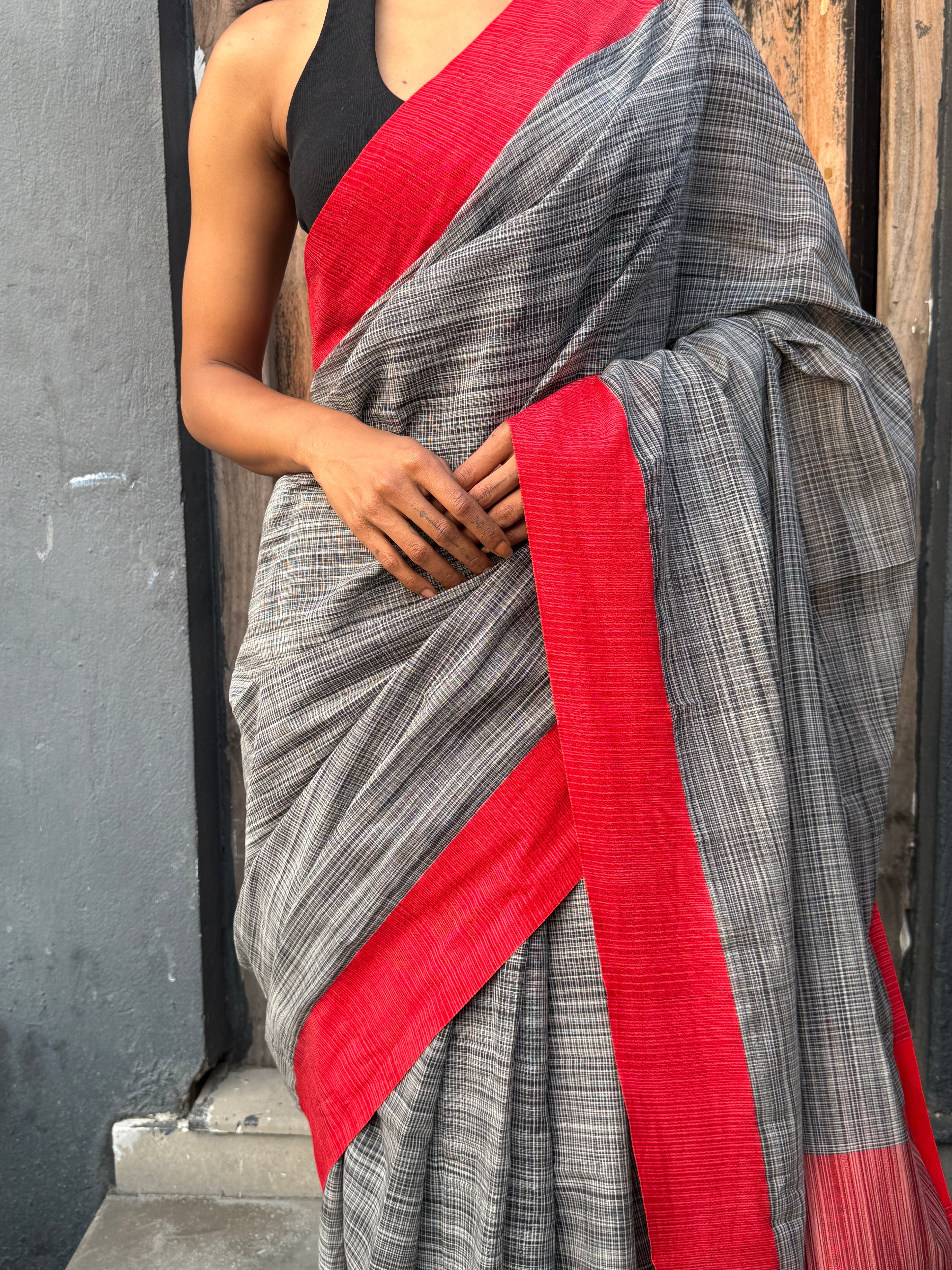 Black and Red Bangladesh Cotton Handloom Sari