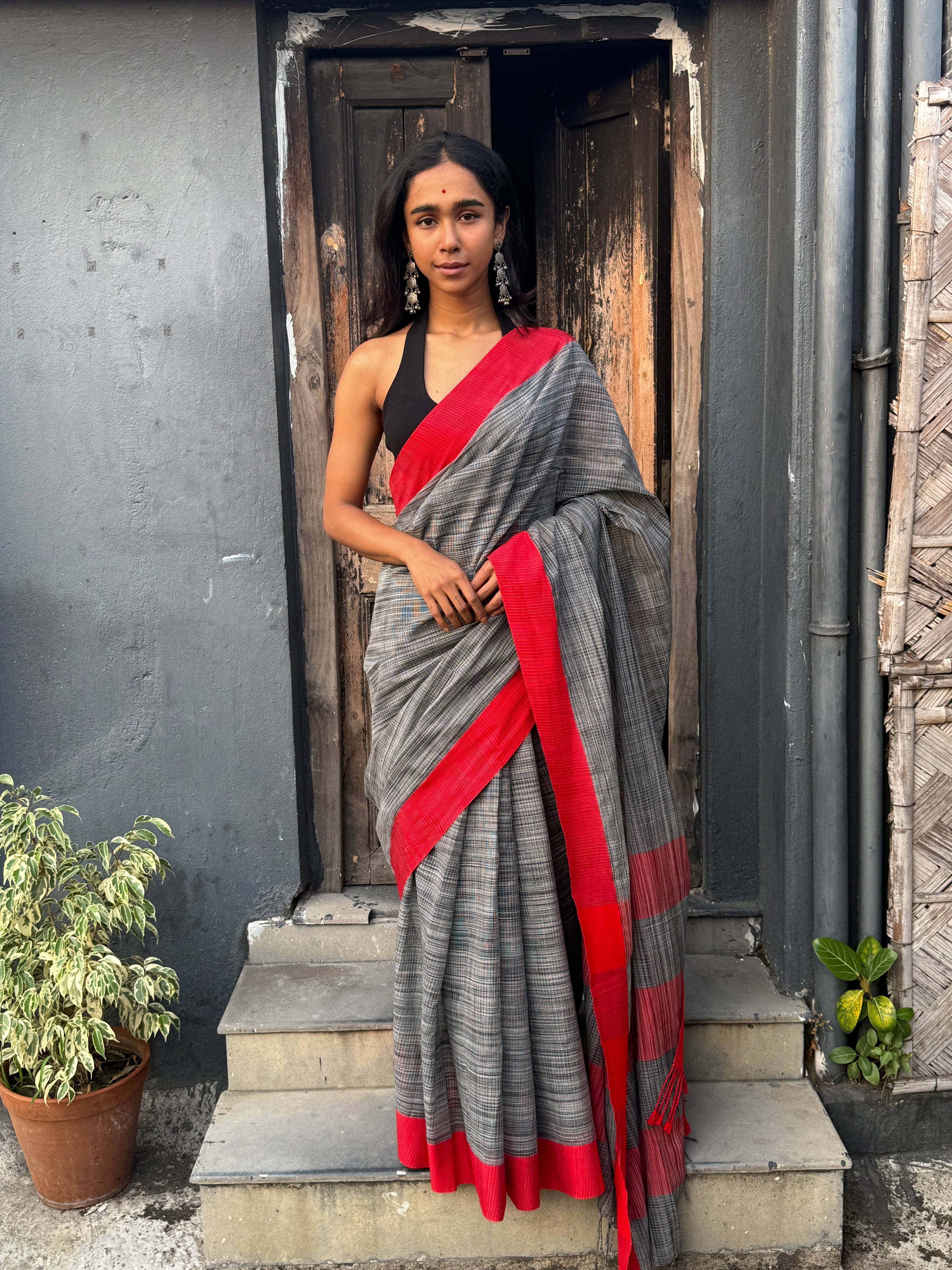 Black and Red Bangladesh Cotton Handloom Sari