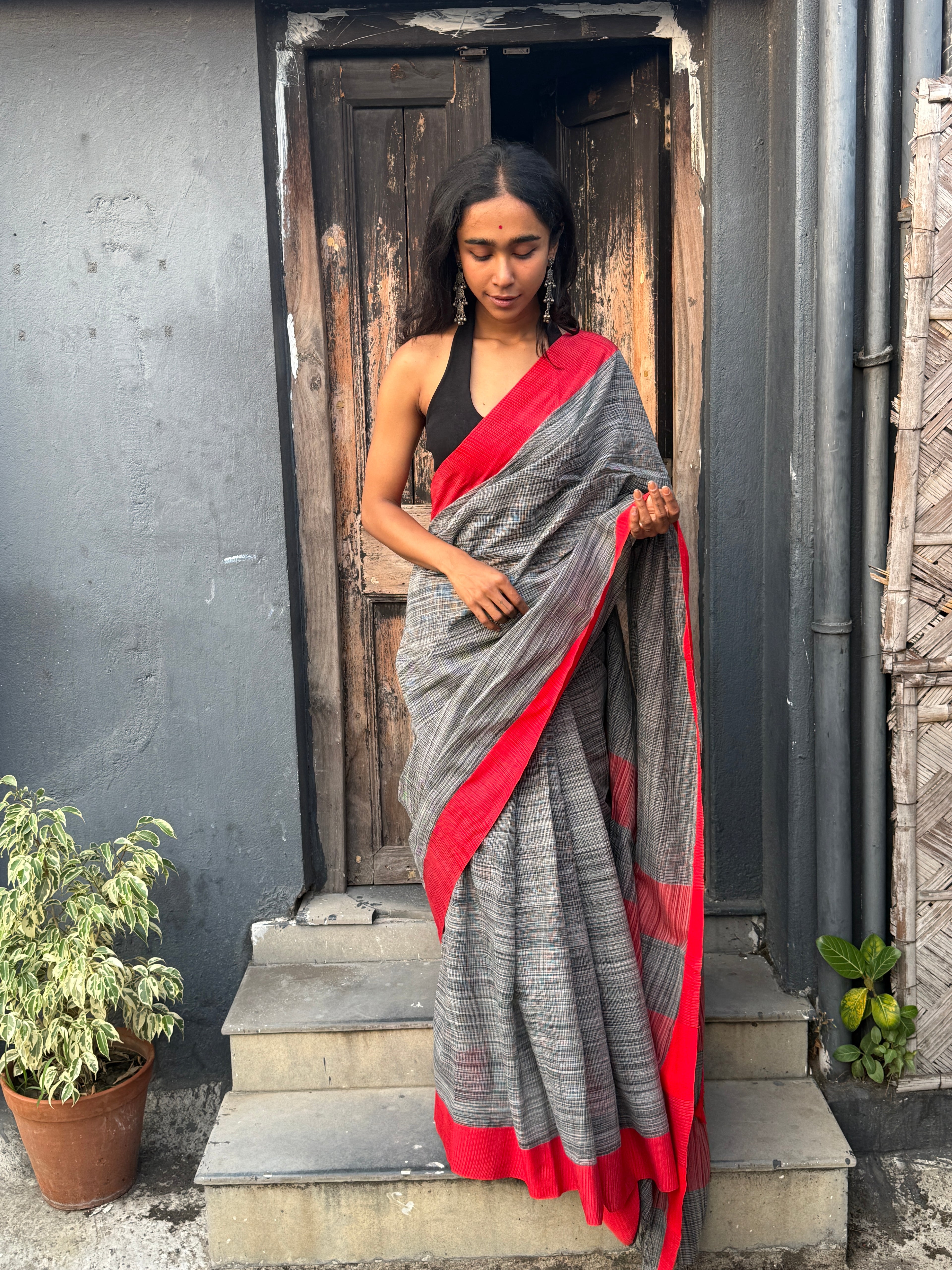 Black and Red Bangladesh Cotton Handloom Sari