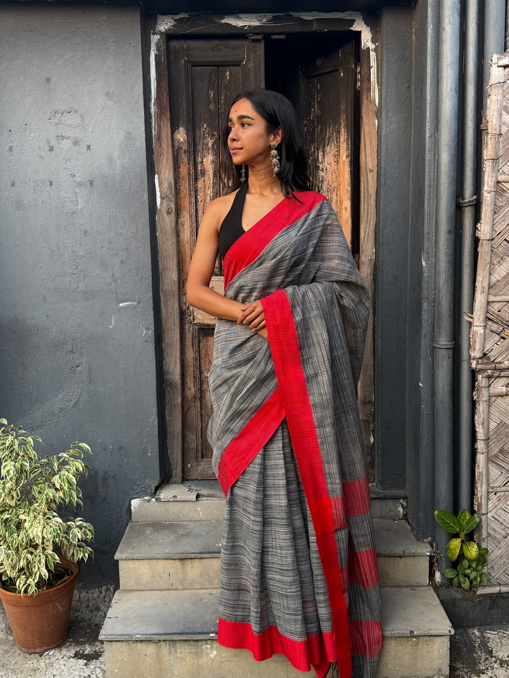 Black and Red Bangladesh Cotton Handloom Sari