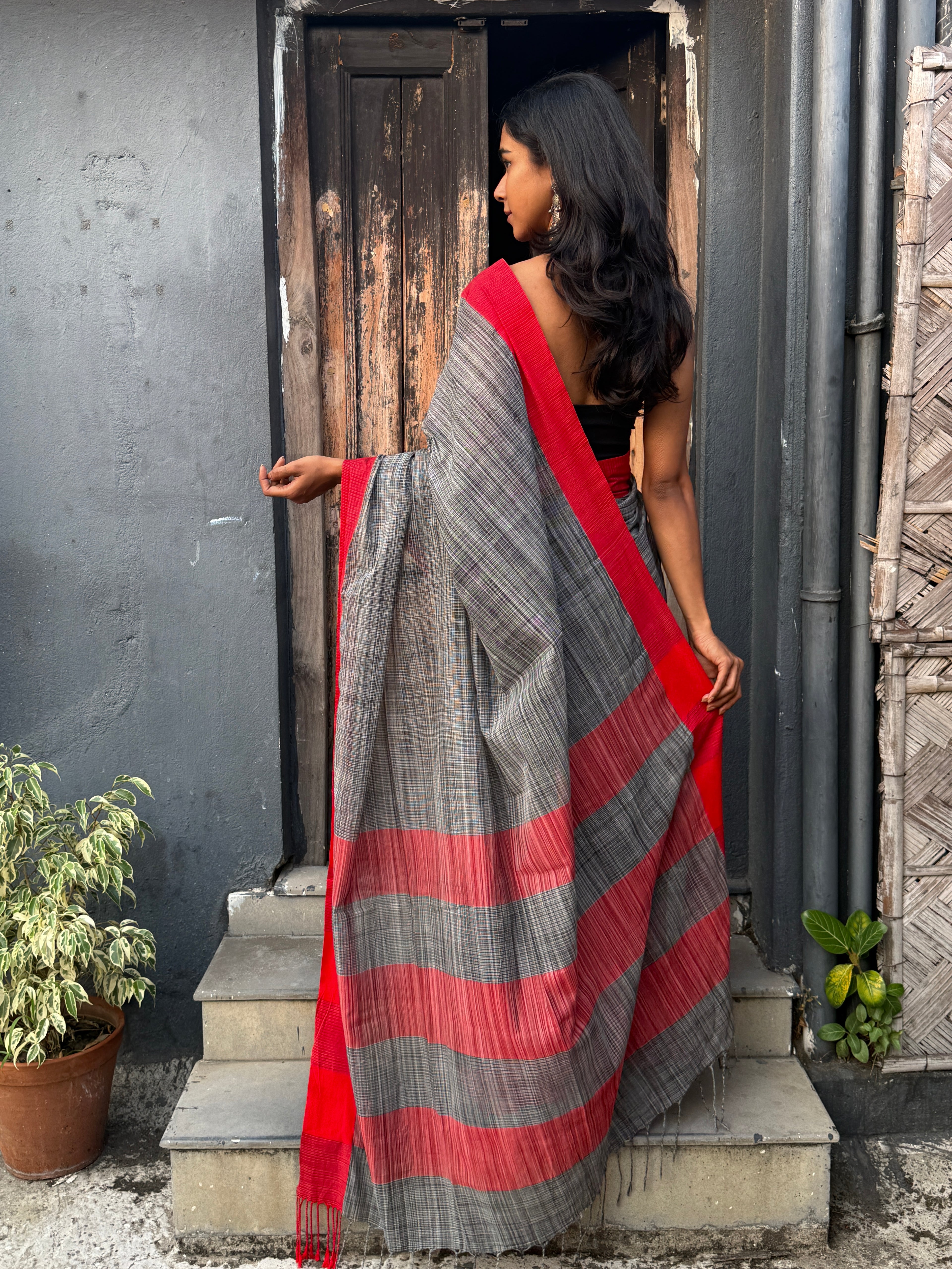 Black and Red Bangladesh Cotton Handloom Sari