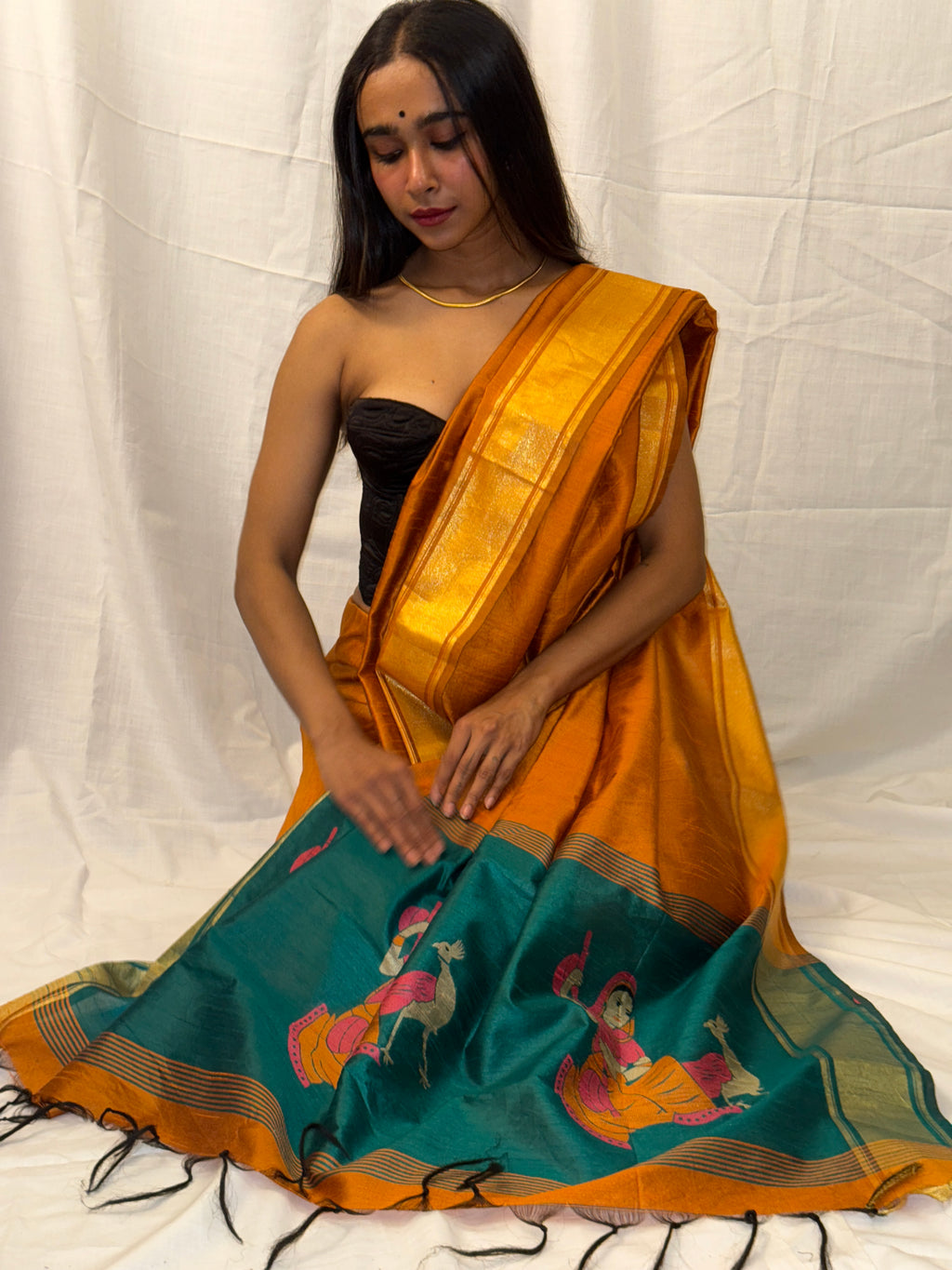 Mustard and Teal Art Silk Sari