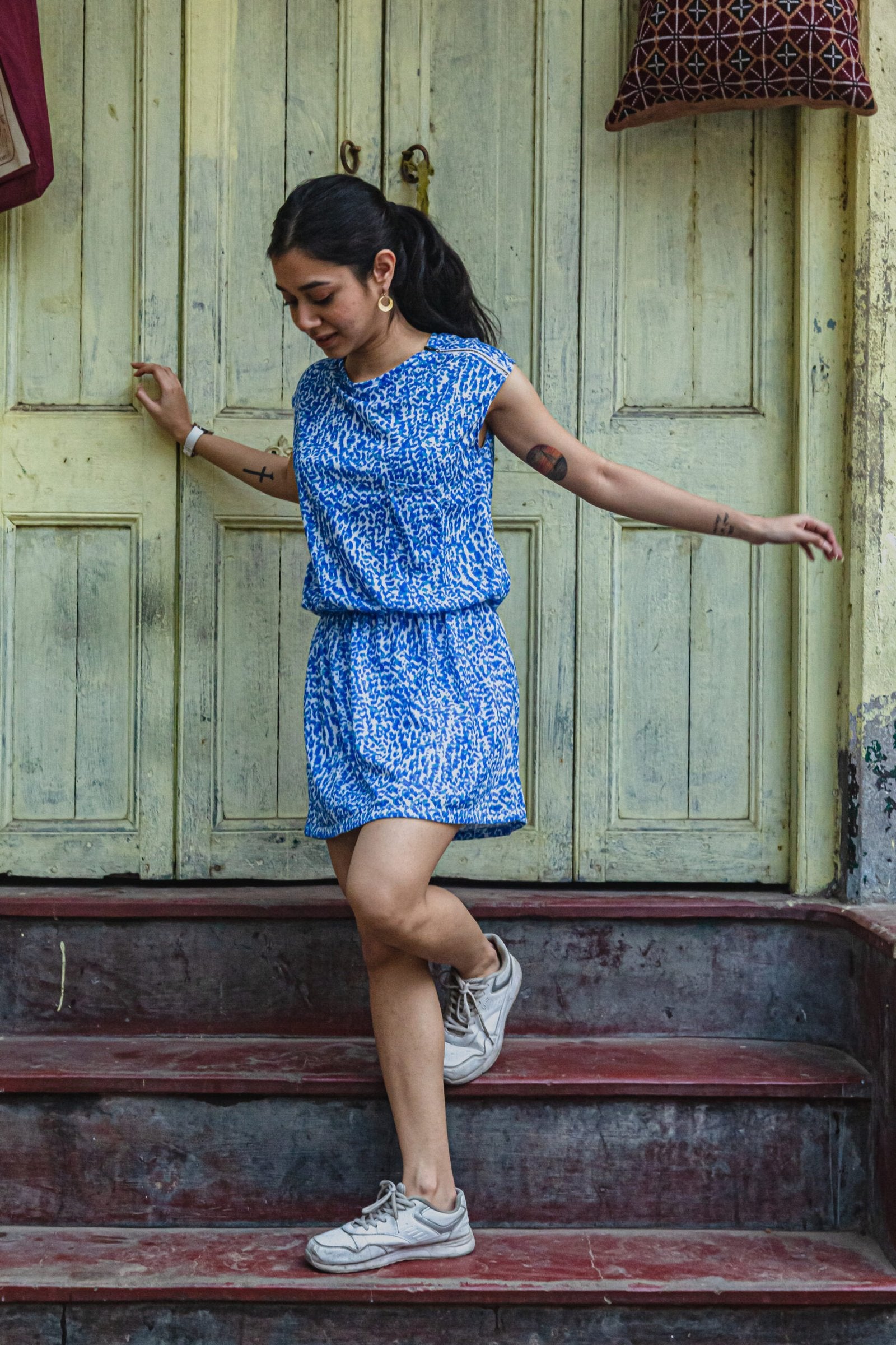 Zara Trafaluc- blue &amp; white printed dress