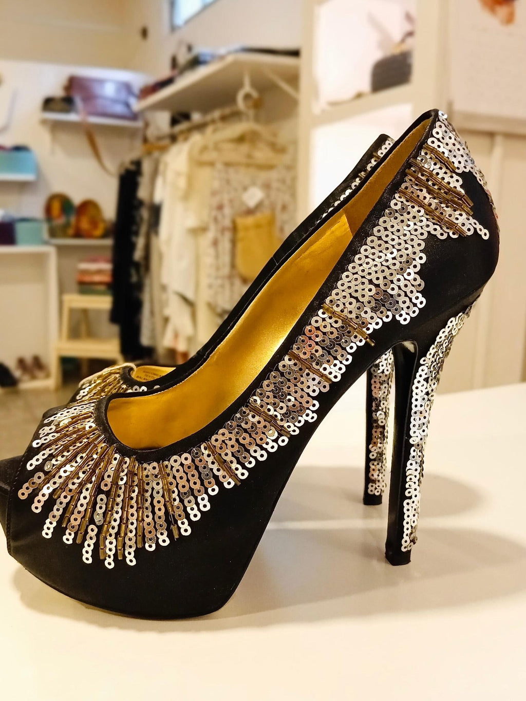 NINE WEST - Come around Black & Silver Satin Sequin Court Shoes