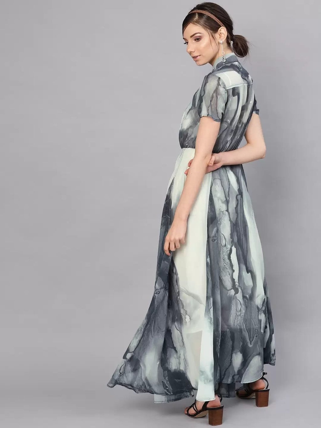 Grey and Off-white Semi Sheer Printed Maxi Dress