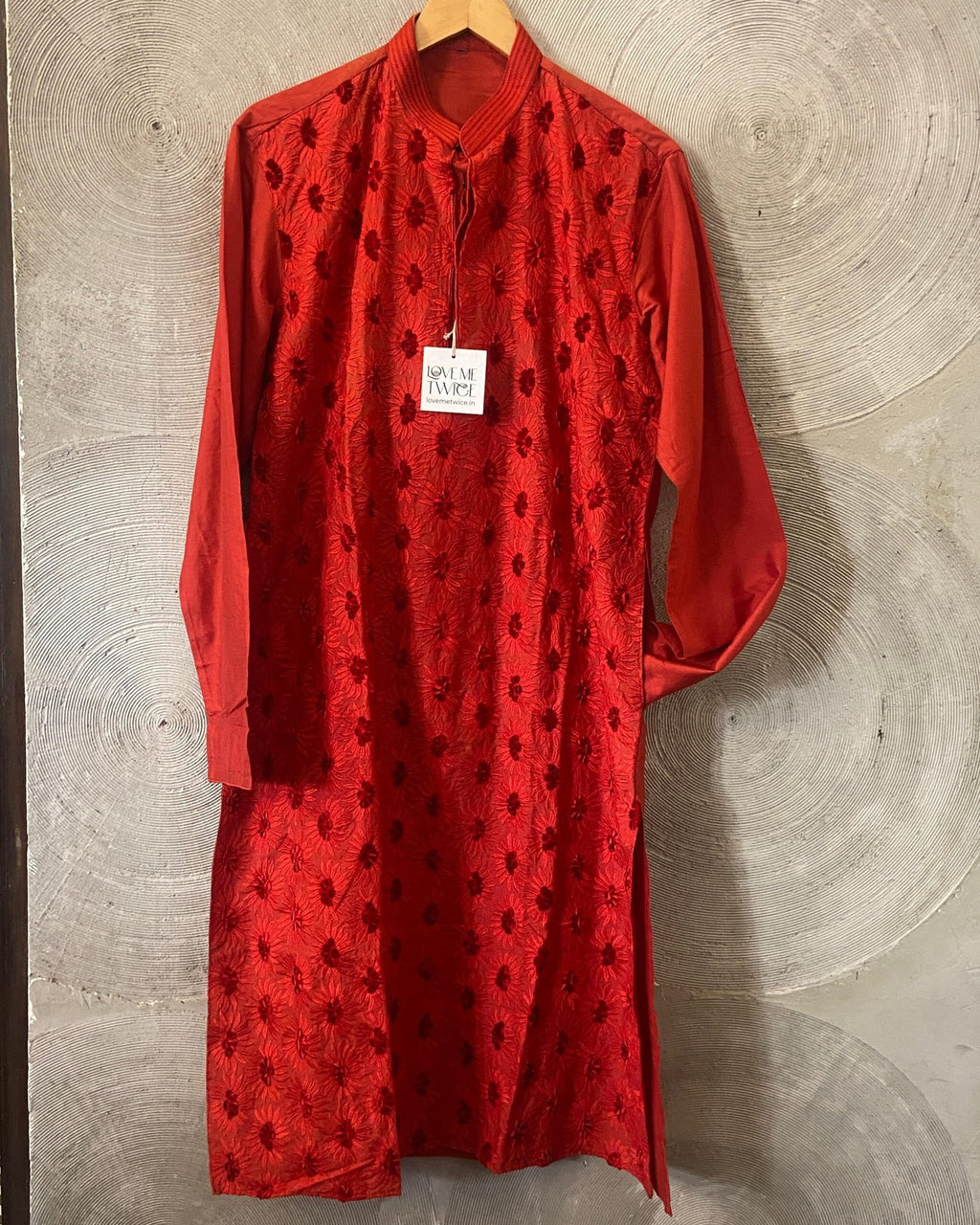 Red Long Embroidered Kurta with Churidar Set