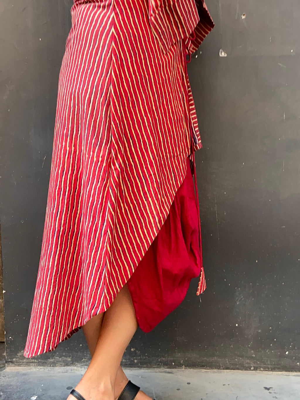 Maroon and Beige Striped Dress with Cowl Hemline