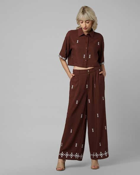 ONLY - Brown Embroidered Crop Shirt