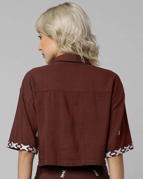 ONLY - Brown Embroidered Crop Shirt
