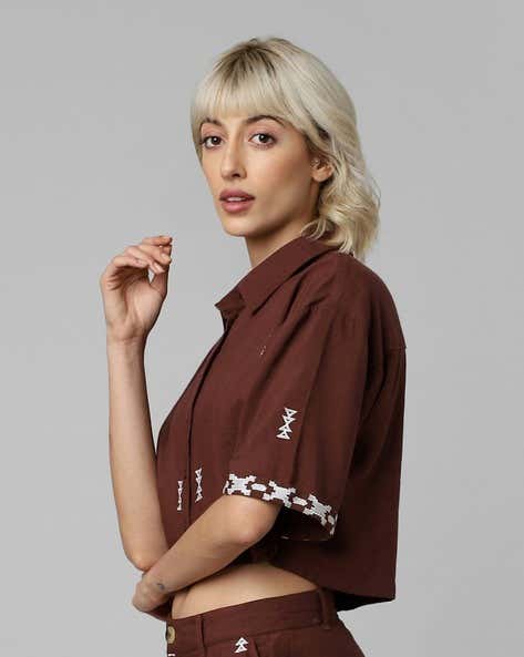 ONLY - Brown Embroidered Crop Shirt