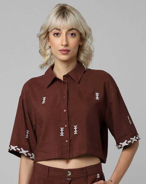 ONLY - Brown Embroidered Crop Shirt